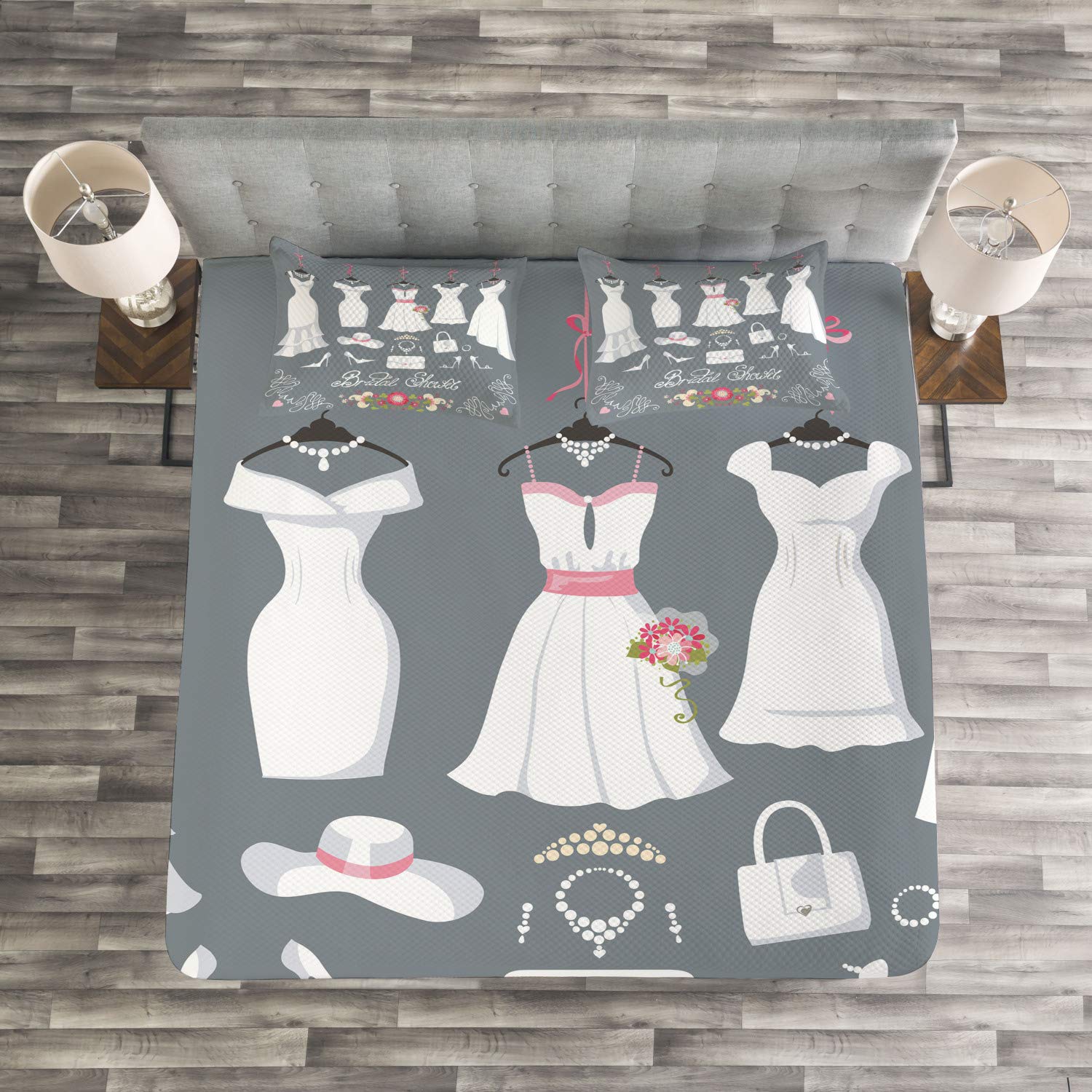 Ambesonne 3-Piece Bridal Shower Bedding Set - Queen Size White Wedding Dress Floral Print Bedspread with 2 Pillow Shams, Charcoal Grey & White - Perfect for Wedding Guest Rooms, Bridal Showers & Honeymoon Suites