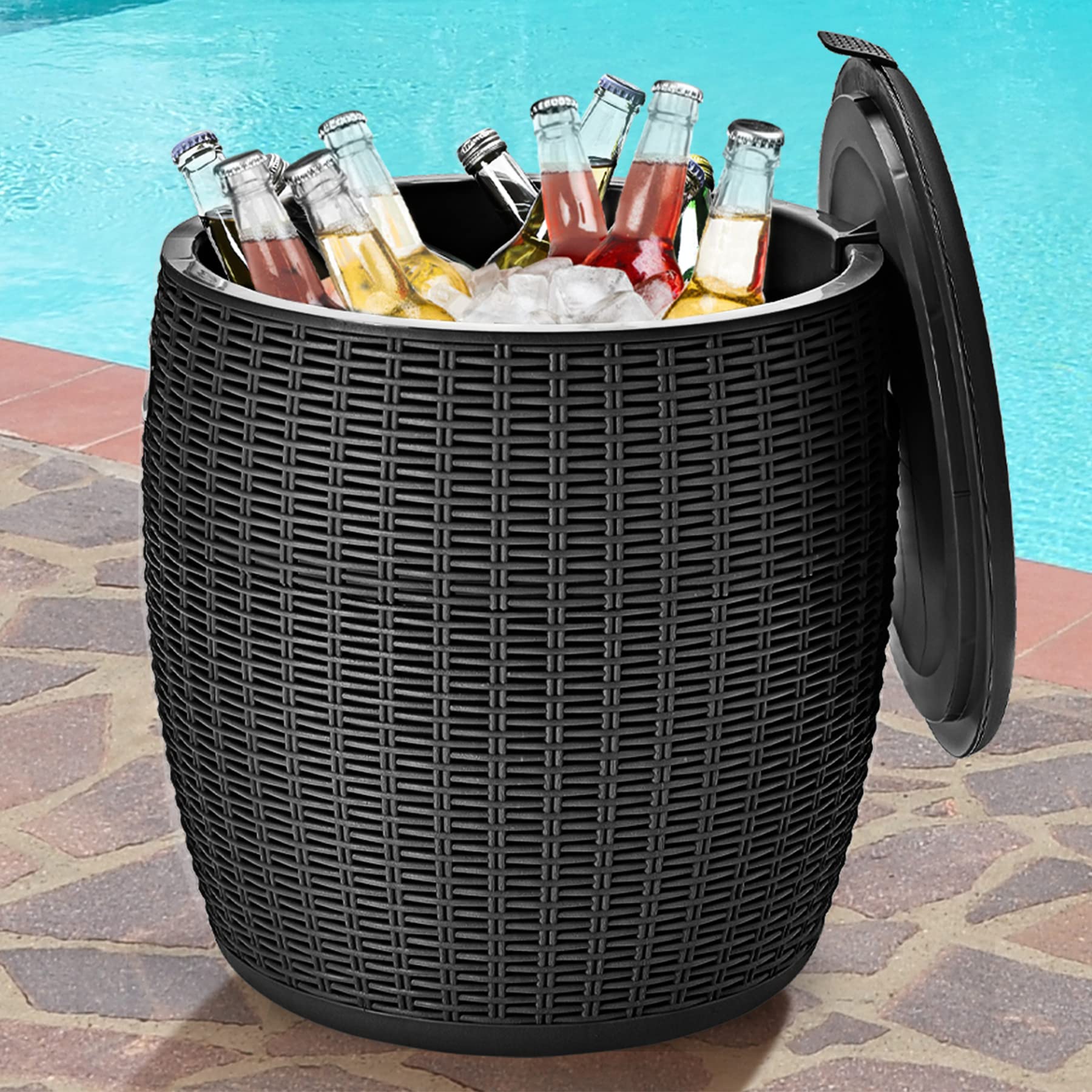 Tangkula 9.5 Gallon Outdoor Cooler Bar Table - Wicker Rattan Patio Furniture with Built-in Ice Bucket & Lid - Perfect for Poolside, Deck, Backyard Parties, BBQ Gatherings & Summer Entertaining