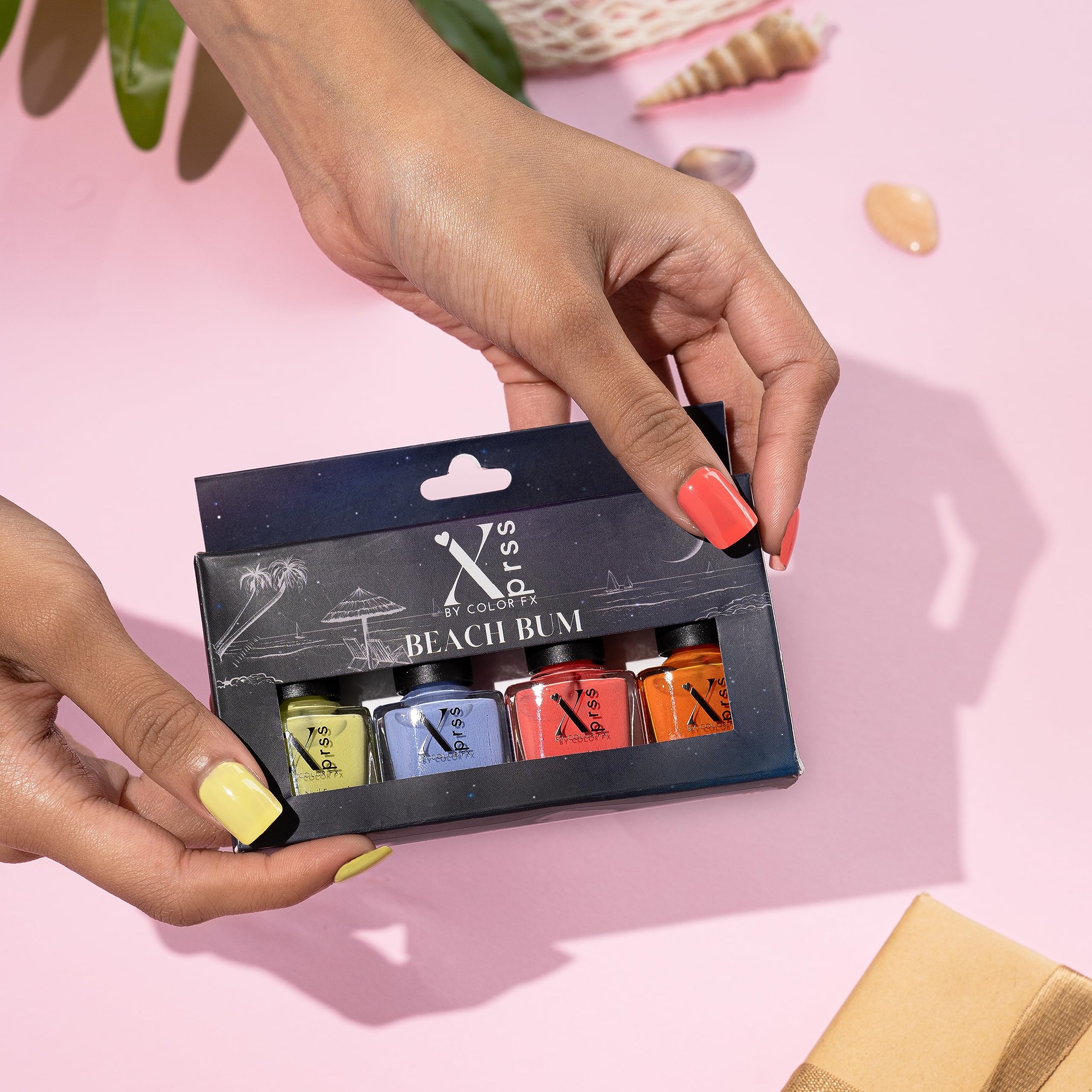 Vegan Non-UV Gel Nail Polish Set for Women - Color Fx New York Xprss Beach Bum Pack (4 Colors: Coral, Orange, Matcha Green, Periwinkle) - Glossy Finish, Long Lasting, 9ml Each - Perfect for Summer Nails, Beach Vacations & Manicures