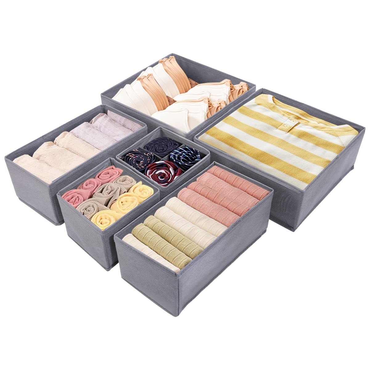 ShellKingdom 6-Pack Foldable Closet Organizer Bins - Fabric Storage Cubes for Underwear, Bras, Socks & Accessories | Space-Saving Drawer Dividers & Wardrobe Organizers (Grey) - Perfect for Bedroom, Closet & Travel Storage Solutions