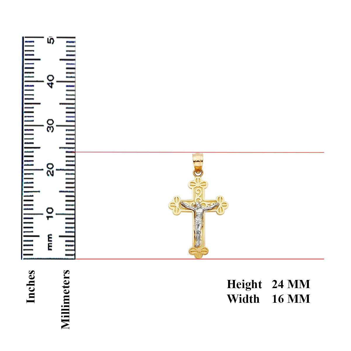 14K Two-Tone Gold Jesus Crucifix Cross Pendant Necklace for Men & Women - 24x16mm Religious Christian Jewelry with 1.3g Weight - Perfect for Baptism, First Communion, Confirmation & Daily Faith Wear