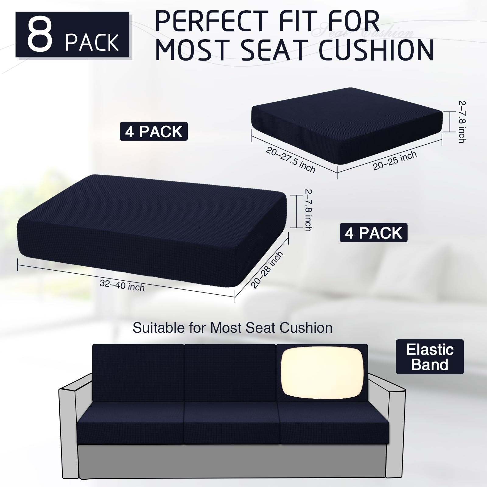 Newwiee 8-Piece Outdoor Cushion Covers Set - Waterproof Stretch Sofa Slipcovers for Patio Furniture (4 Backrest + 4 Seat Covers) - Navy Blue - Durable UV Resistant Replacement Covers for Outdoor Sofa, Chair & Couch Protection - Perfect for Backyard, Deck, Poolside & Garden Use