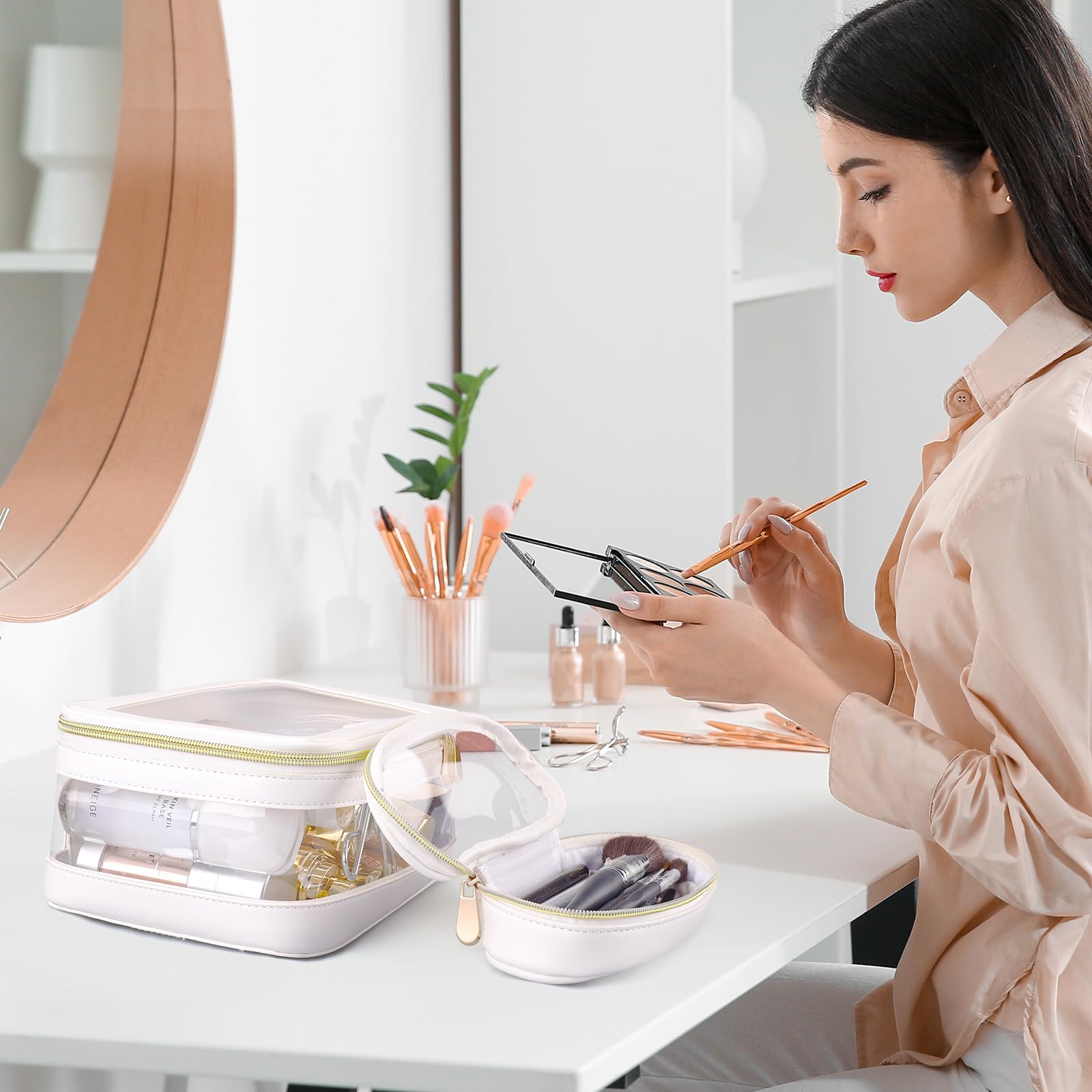Clear Travel Makeup Bag for Women - Waterproof Cosmetic & Toiletry Organizer Case with Multiple Pockets, Portable Carry-on Essentials Storage (White) - Perfect for Airplane Travel, Gym, Beach & Daily Use