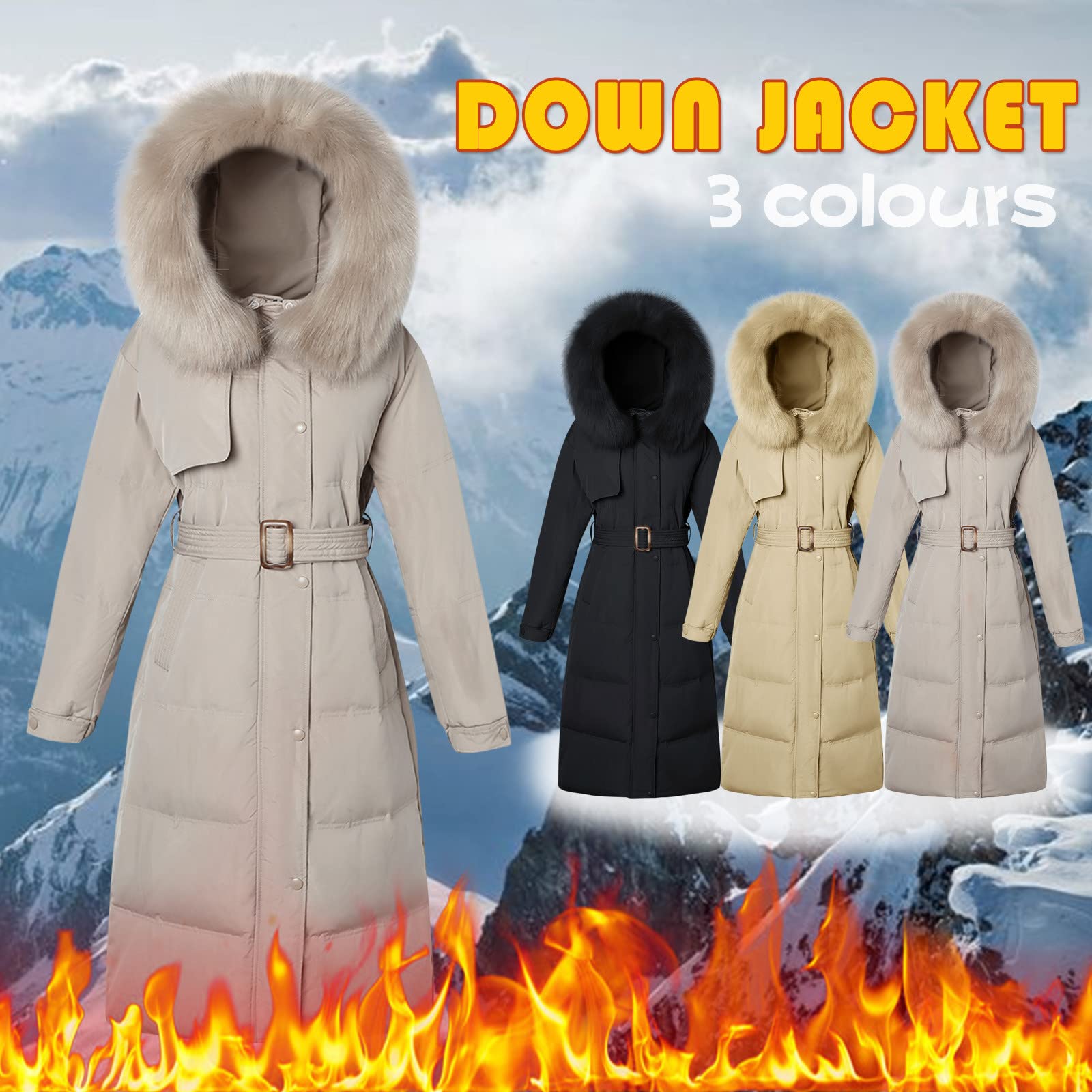 Women's Lightweight Puffer Jacket - Mid-Length Cotton Padded Coat with Fur Hood, Long Sleeve Winter Outerwear in Khaki | Perfect for Cold Weather, Outdoor Activities & Daily Commute