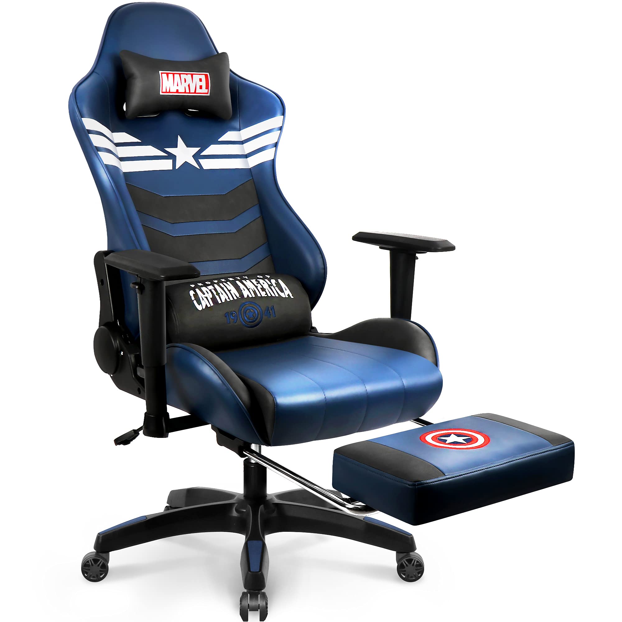 Marvel Avengers Captain America Gaming Chair - Ergonomic High Back Racing Office Chair with Footrest for Adults, Reclining Leather Computer Desk Chair for Gamers - Perfect for Gaming, Streaming, and Home Office Setup