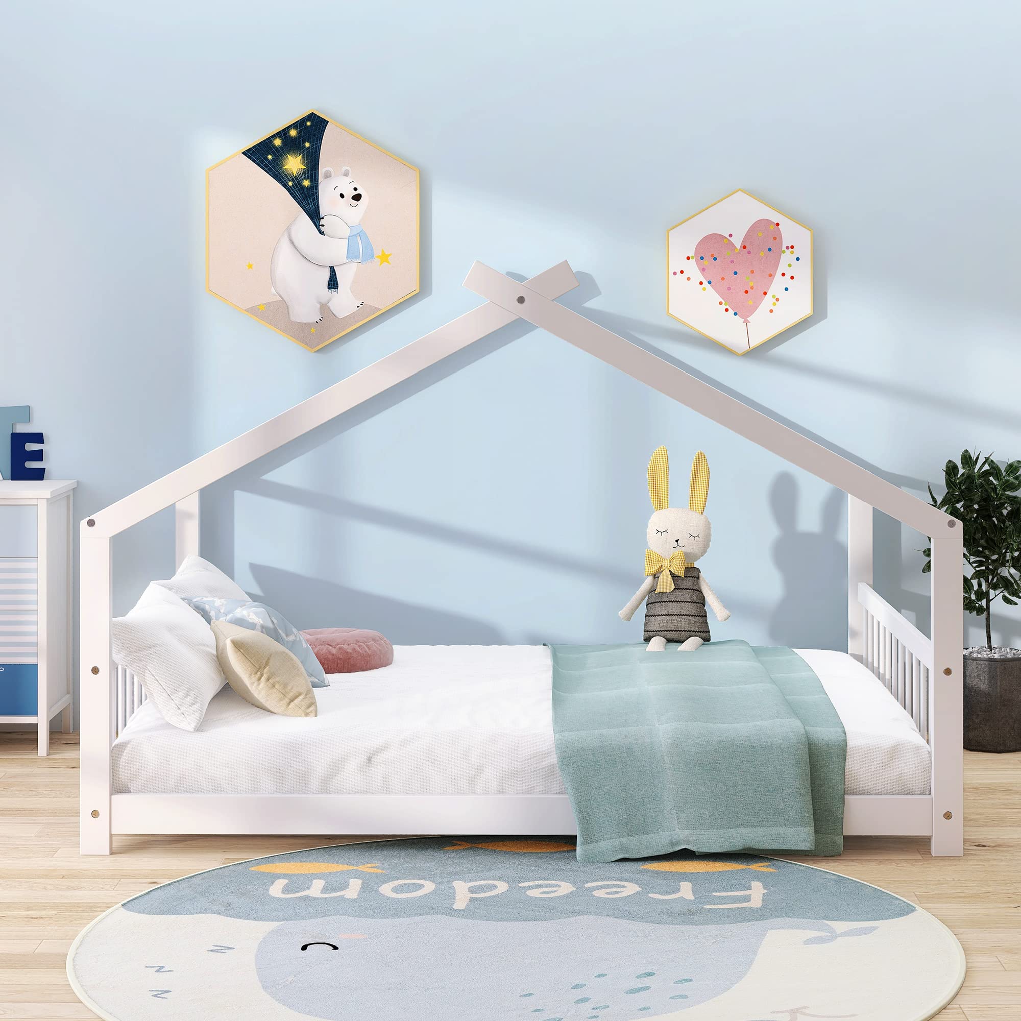Harper & Bright Designs Full Size Wooden House Bed Frame for Kids - Sturdy Headboard & Footboard, Slat Support, No Box Spring Needed (White) - Perfect for Kids' Bedrooms, Playrooms & Montessori Floor Beds