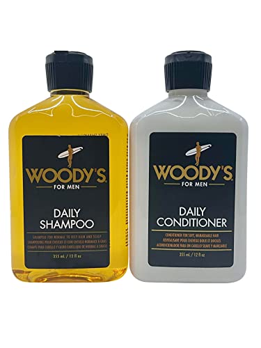 Woody's Premium Men's Daily Shampoo & Conditioner Set - 12oz for Healthy Hair Care & Scalp Hydration | Ideal for Daily Use, Gym, Travel & Gift Giving