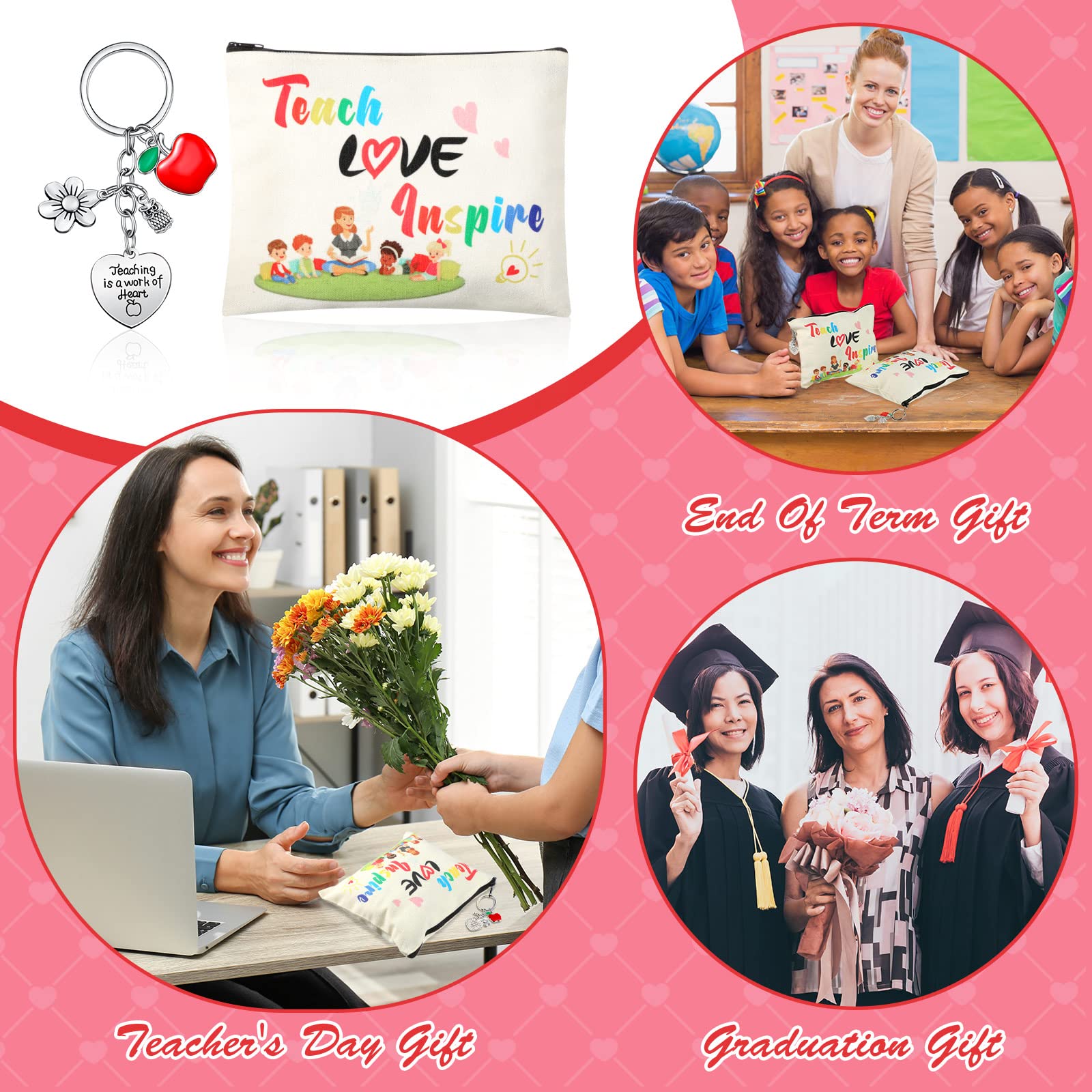 12 PCS Teacher Appreciation Gift Set - 6 Makeup Cosmetic Bags & 6 Keychains - Perfect for Teacher's Day, Valentine's Day, Graduation Gifts - Ideal for Classroom Rewards, Staff Recognition & Thank You Presents