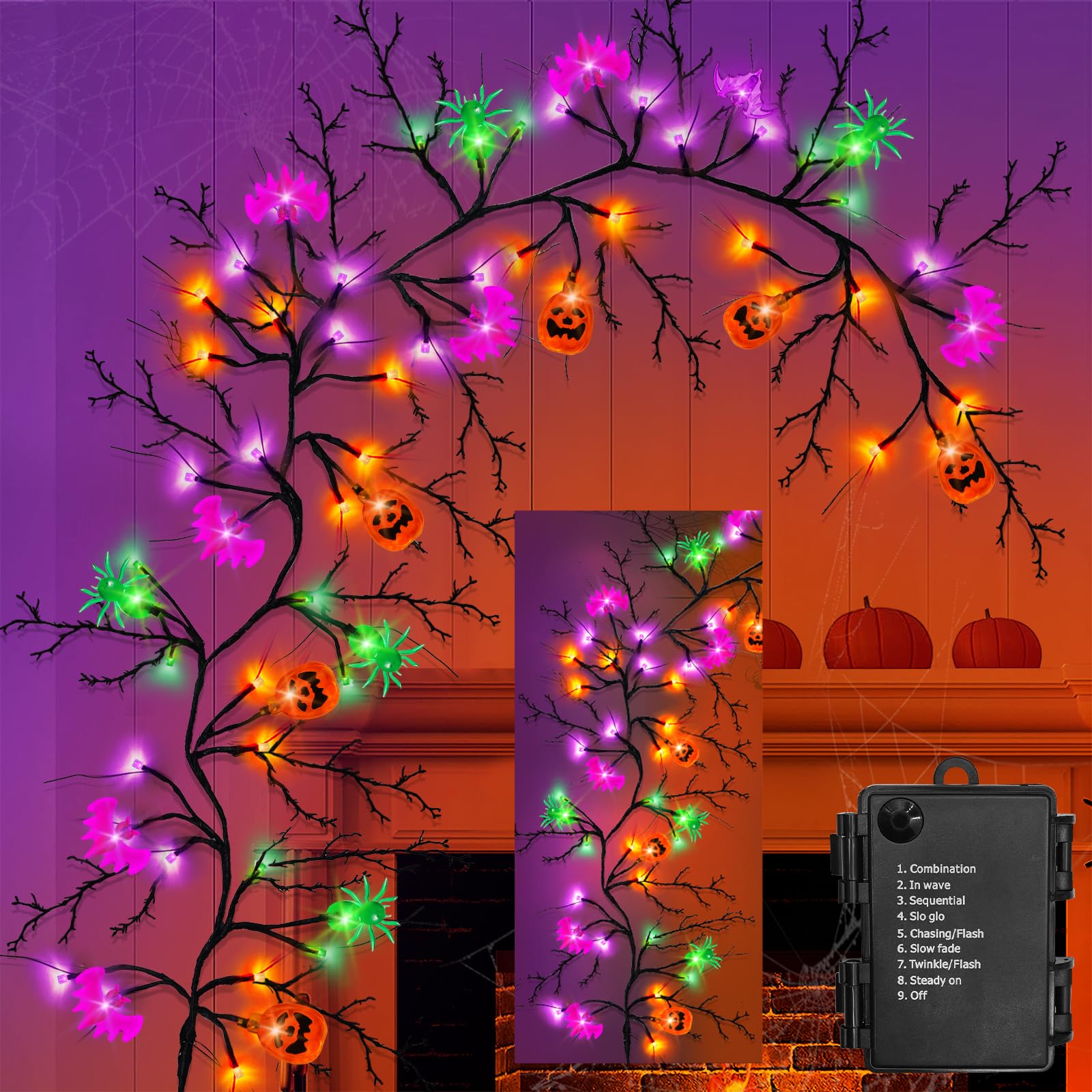 54 LED Willow Vine Twig Halloween Garland with 6 Bats, Pumpkins & Spiders - 8 Lighting Modes & Timer - 6ft Battery Operated Indoor Decor for Wall, Fireplace, Mantel & Party Backdrop