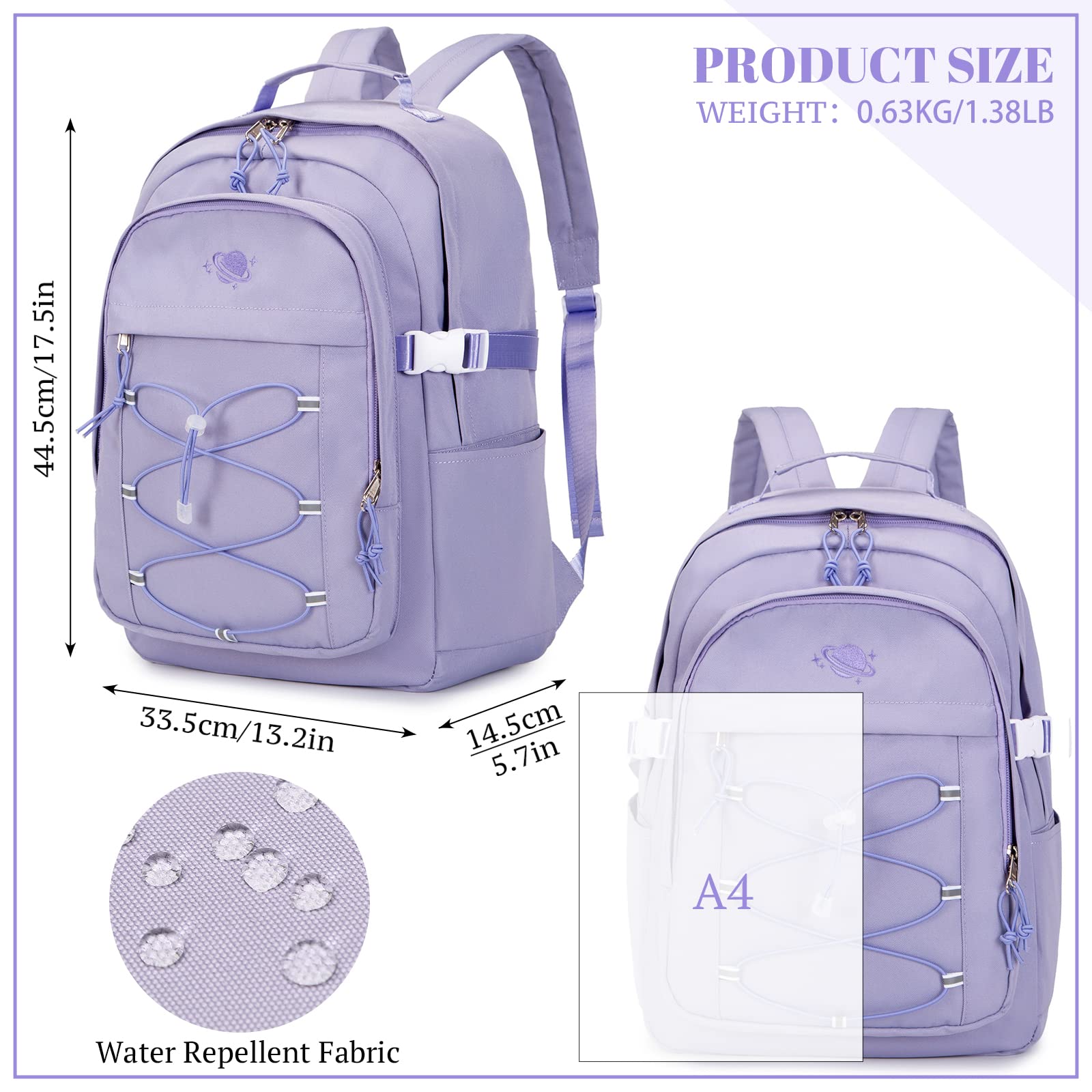 MIRLEWAIY Kids Backpack for School & Travel - Planet Embroidery, Taro Purple - Perfect for Girls & Teens