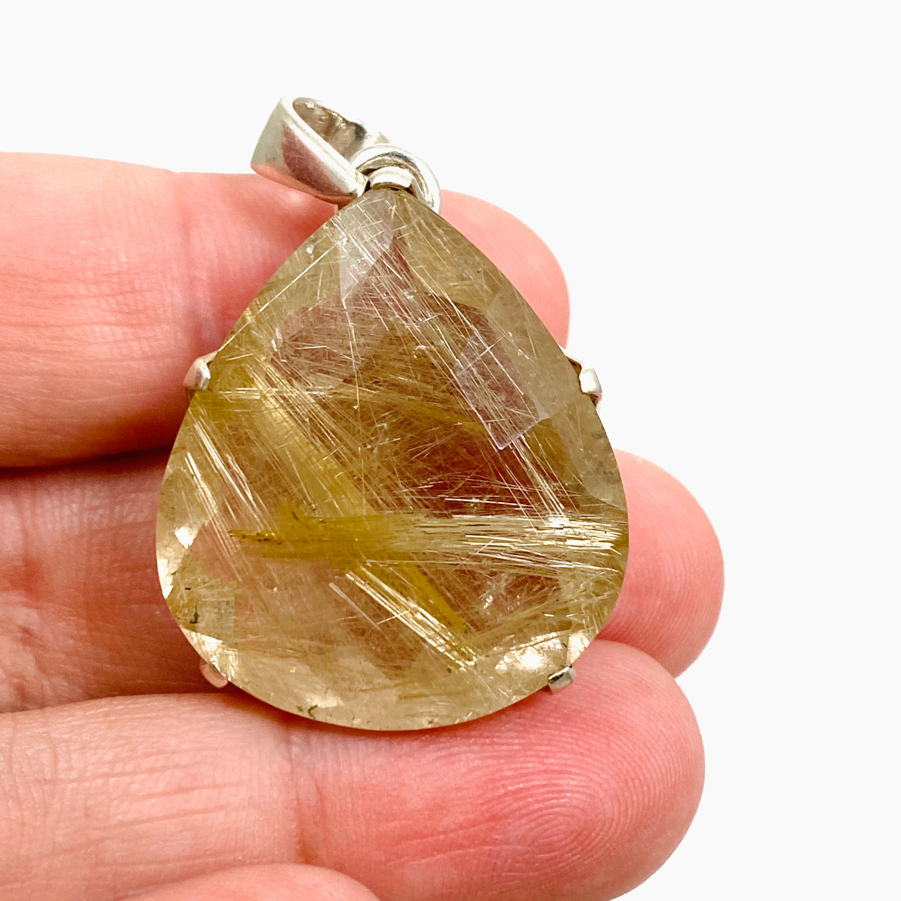 Golden Rutile Quartz Teardrop Faceted Pendant Necklace - Checkerboard Cut Gemstone Jewelry for Women - Perfect for Elegant Evening Wear & Boho Fashion