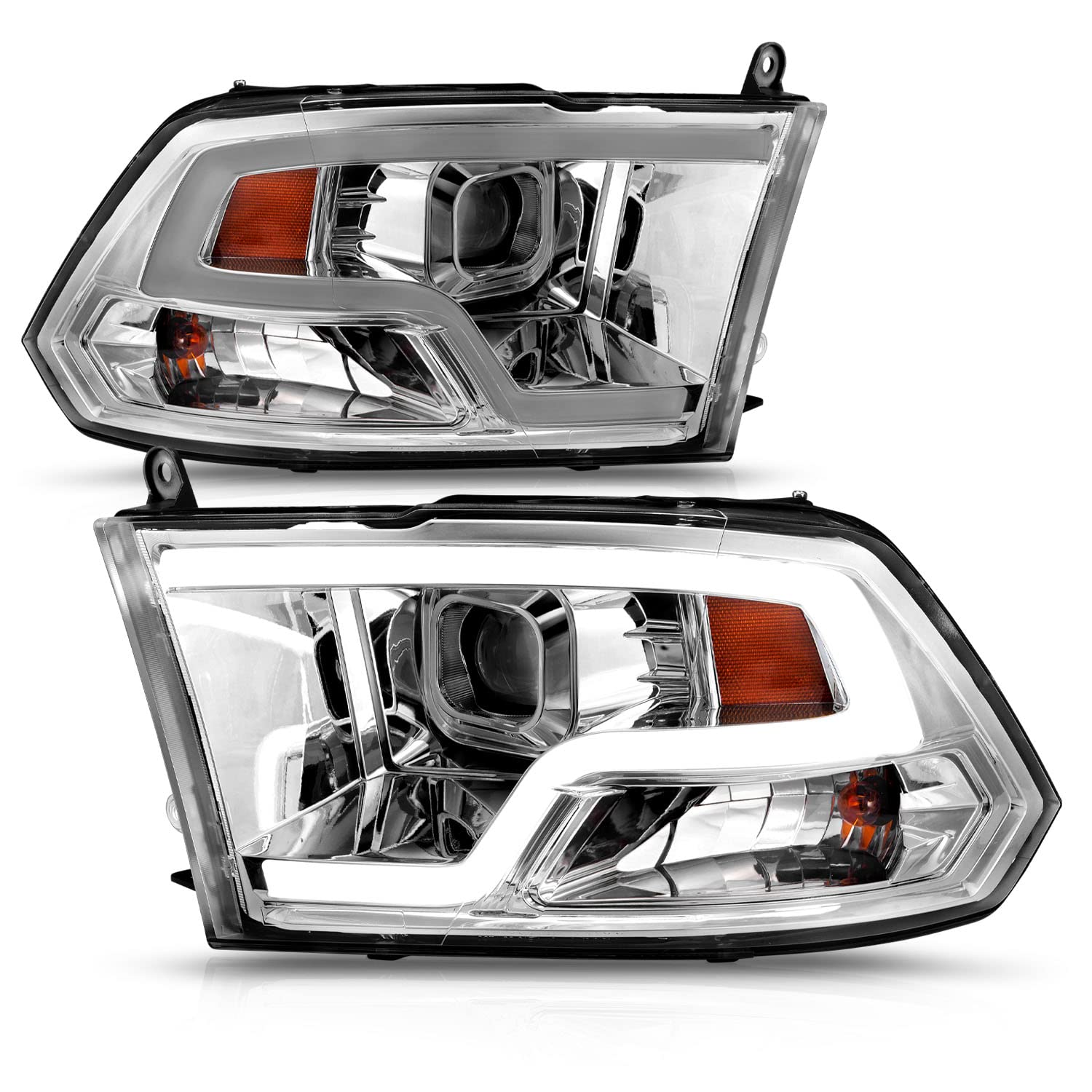 AmeriLite LED Tube Chrome Square Projector Headlights Assembly for 2009-2019 Dodge Ram 1500 2500 3500 - Left & Right Side - Upgrade Your Truck Lighting for Night Driving & Off-Road Adventures