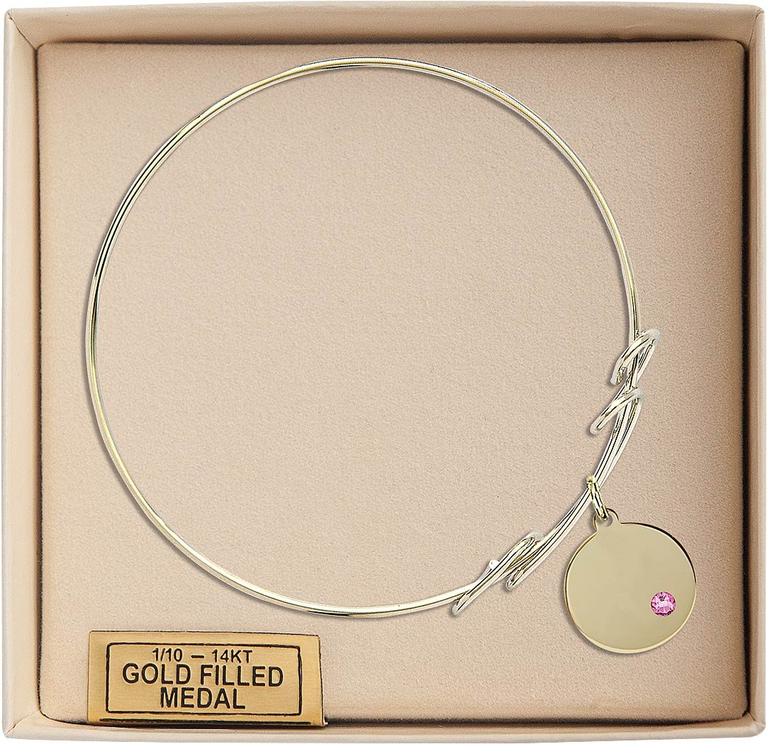 8 Inch Round Double Loop Bangle Bracelet with Plain Disc Medal Charm and Rose Crystal - Elegant Jewelry for Women, Perfect for Parties, Weddings, and Special Occasions
