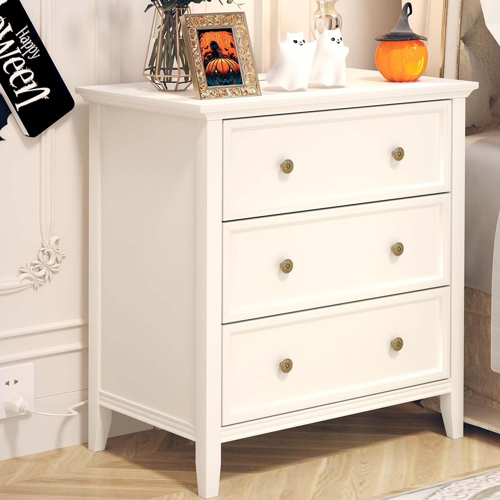 IKENO White Nightstand with 3 Drawers & USB Charging Station - Solid Wood Bedside Table with Storage Organizer for Bedroom, Living Room, or Office