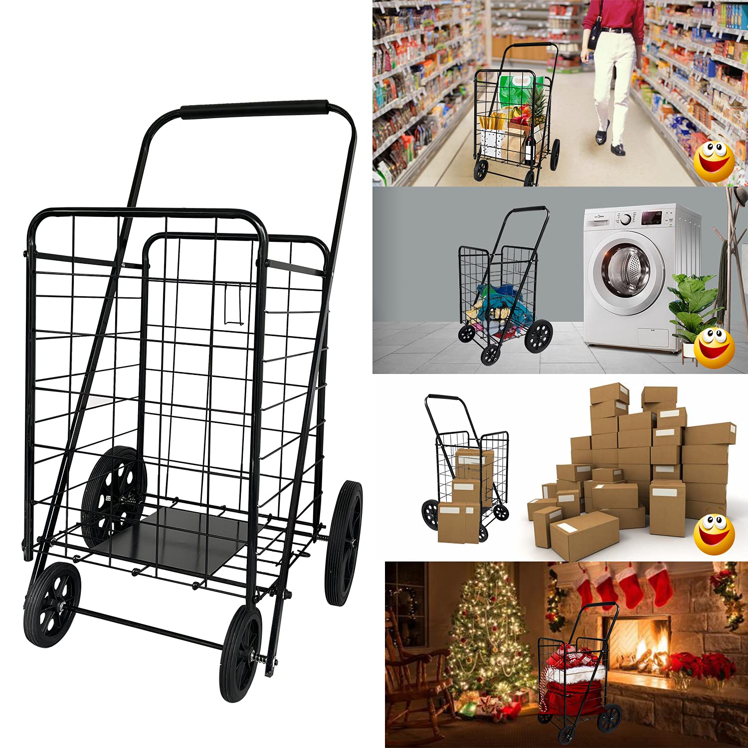 Heavy Duty Metal Folding Grocery Cart with Large Capacity - Upgraded Rubber Wheels for Stability & Durability - 50KG Load Bearing - Convenient Lightweight Shopping Cart for Supermarket, Farmers Market & Home Use (Black)