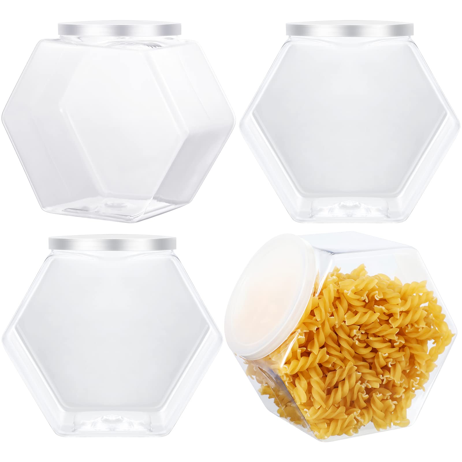 EBOOT 4-Piece Hexagon Plastic Food Storage Containers with Lids - 29 Oz Clear Kitchen Cookie Jars for Candy, Laundry Pods, Dry Food, Dog Treats & Crafts - Perfect for Pantry Organization, Buffet Serving & Home Decor