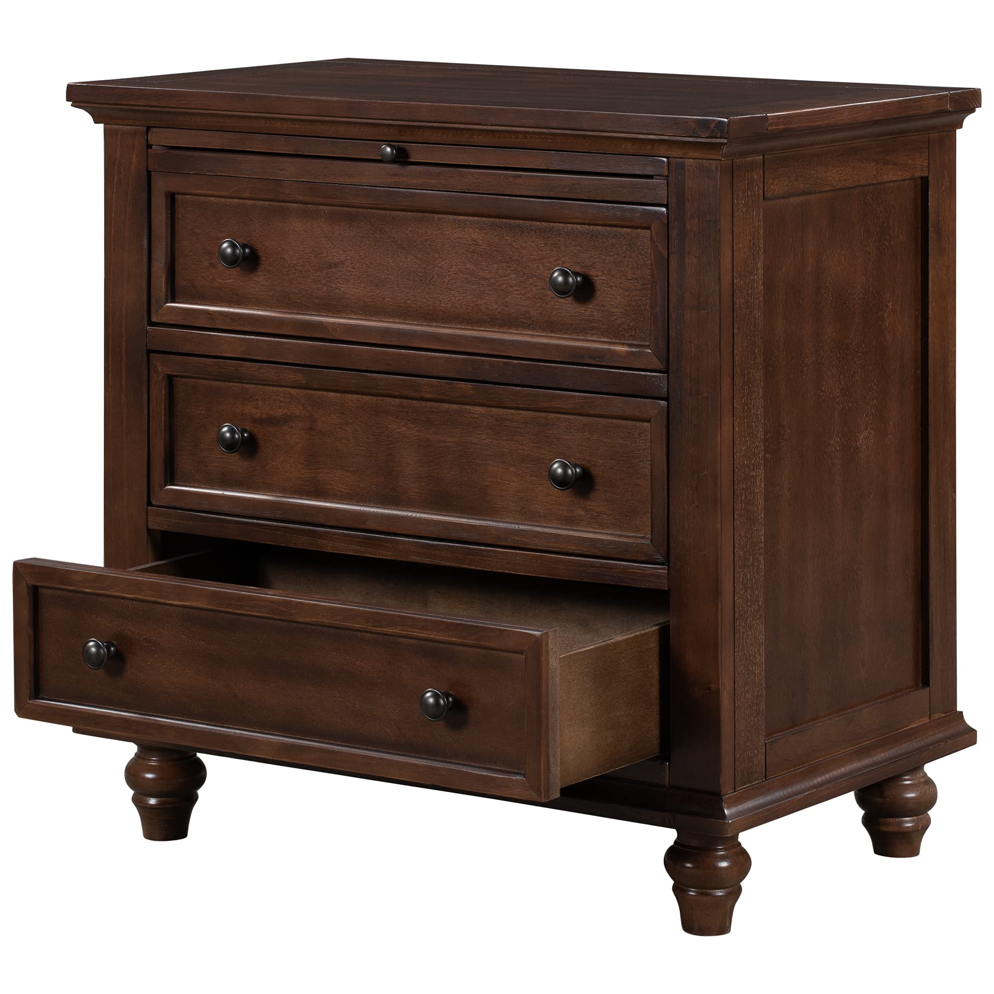 3-Drawer Wooden Bedside End Table with Pull-Out Tray - Nightstand for Bedroom & Living Room - Brown - Perfect for Storing Books, Lamps & Bedroom Essentials
