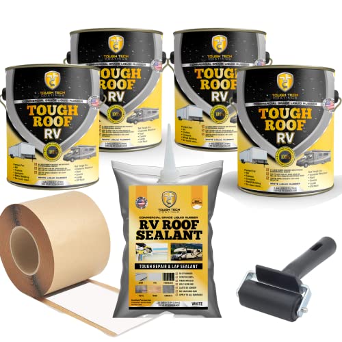 Tough Tech Coatings RV Roof Sealant - 4 Gallon Waterproofing Kit | Solar Reflective & Self-Leveling Liquid Rubber Coating | Crack & Leak Repair for RV Roofs, Vents, Skylights | White Protective Sealant for Campers, Trailers & Motorhomes | All-Weather Protection for Outdoor Adventures