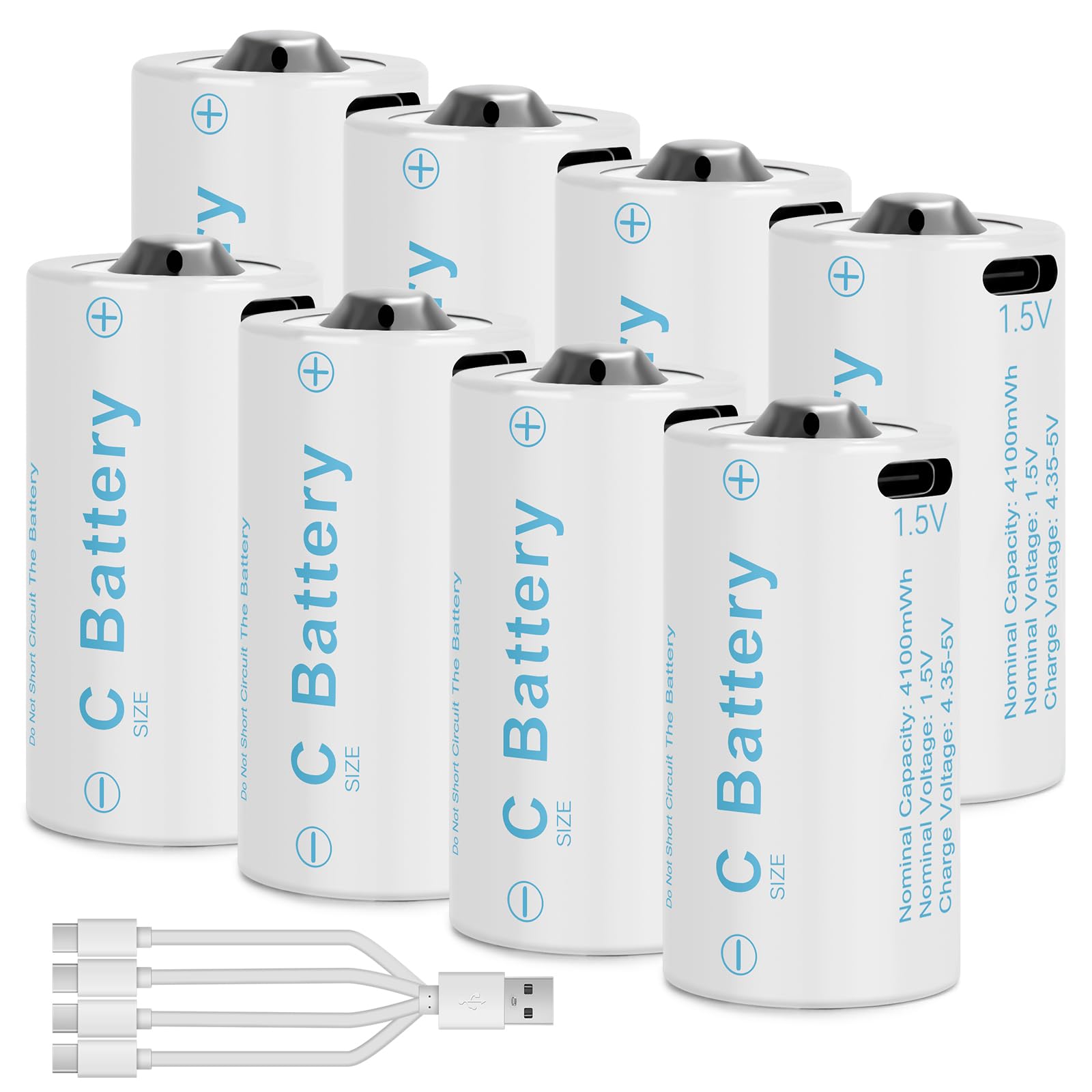 8 Pack C Size Rechargeable Lithium Batteries - 4100mWh 1.5V LR14 with USB-C Charging | Long Lasting Power for Toys, Flashlights, Floodlights & Emergency Devices | Perfect for Home, Outdoor & Emergency Use