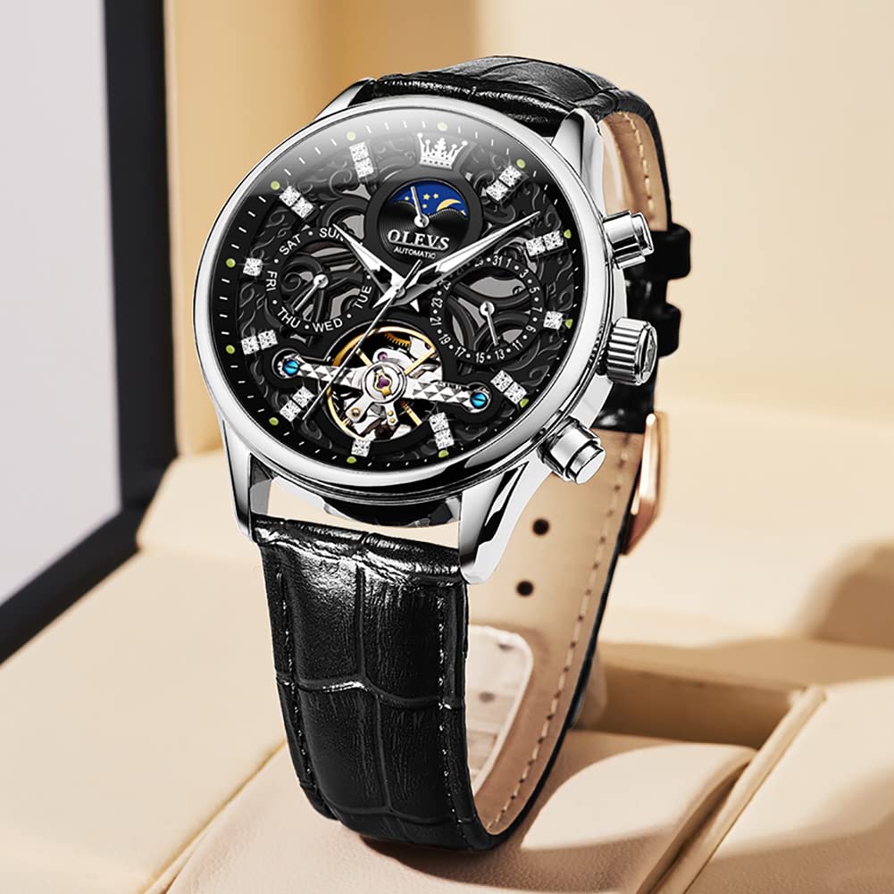 OLEVS Men's Automatic Skeleton Watch - Mechanical Dress & Casual Wristwatch with Moon Phase, Luminous Hands, Waterproof, Brown/Black Leather Strap - Perfect for Business, Formal Events & Everyday Wear