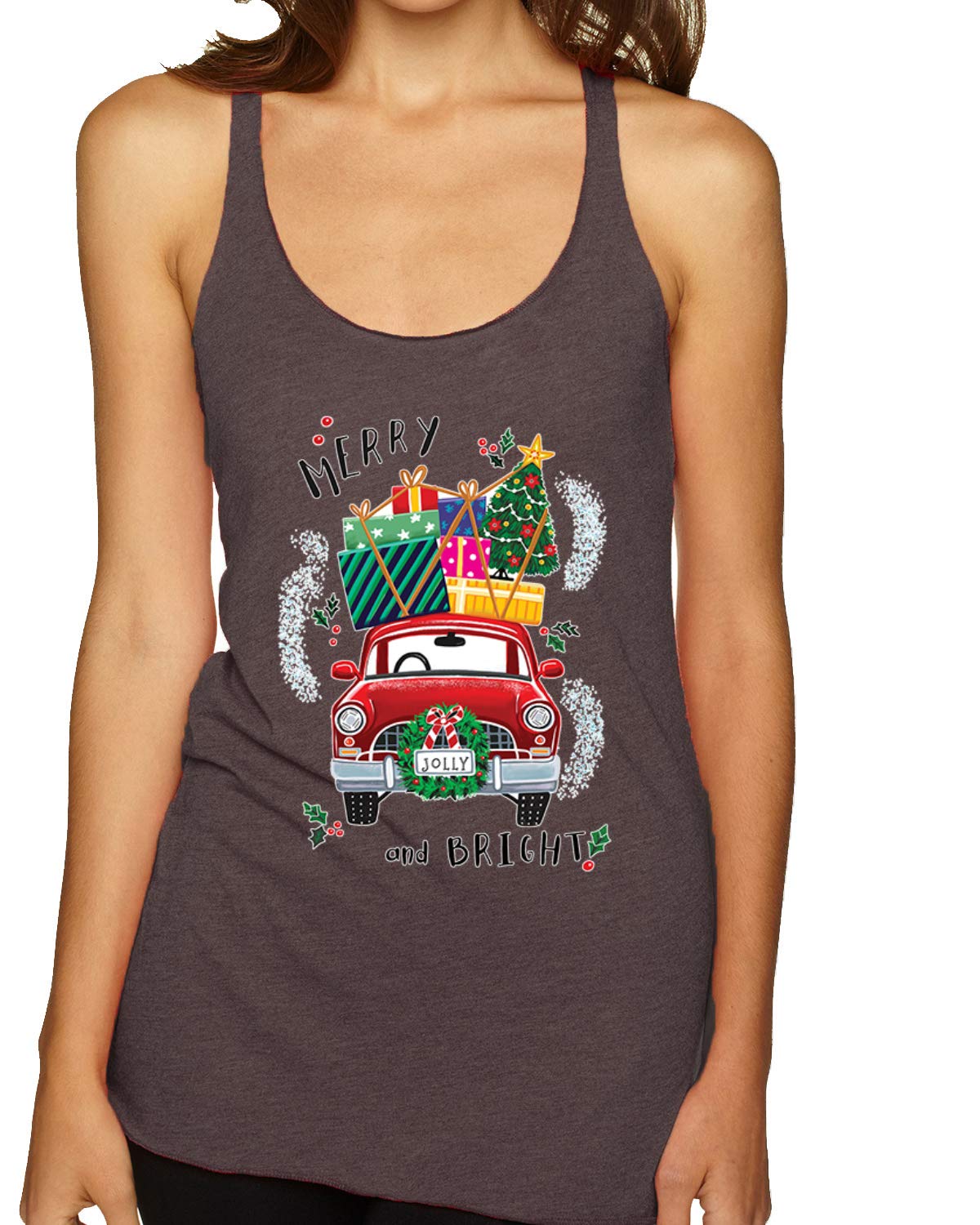 Merry and Bright Red Car Christmas Tri-Blend Racerback Tank Top - Festive Holiday Apparel for Women, Christmas Party Outfit, Family Gathering & Seasonal Photoshoots