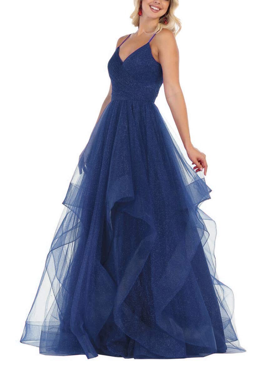 Elegant Navy Blue Prom Dresses for Women - Long Tulle Ball Gown with V-Neck & Spaghetti Straps | Perfect for Homecoming, Formal Dances & Special Occasions