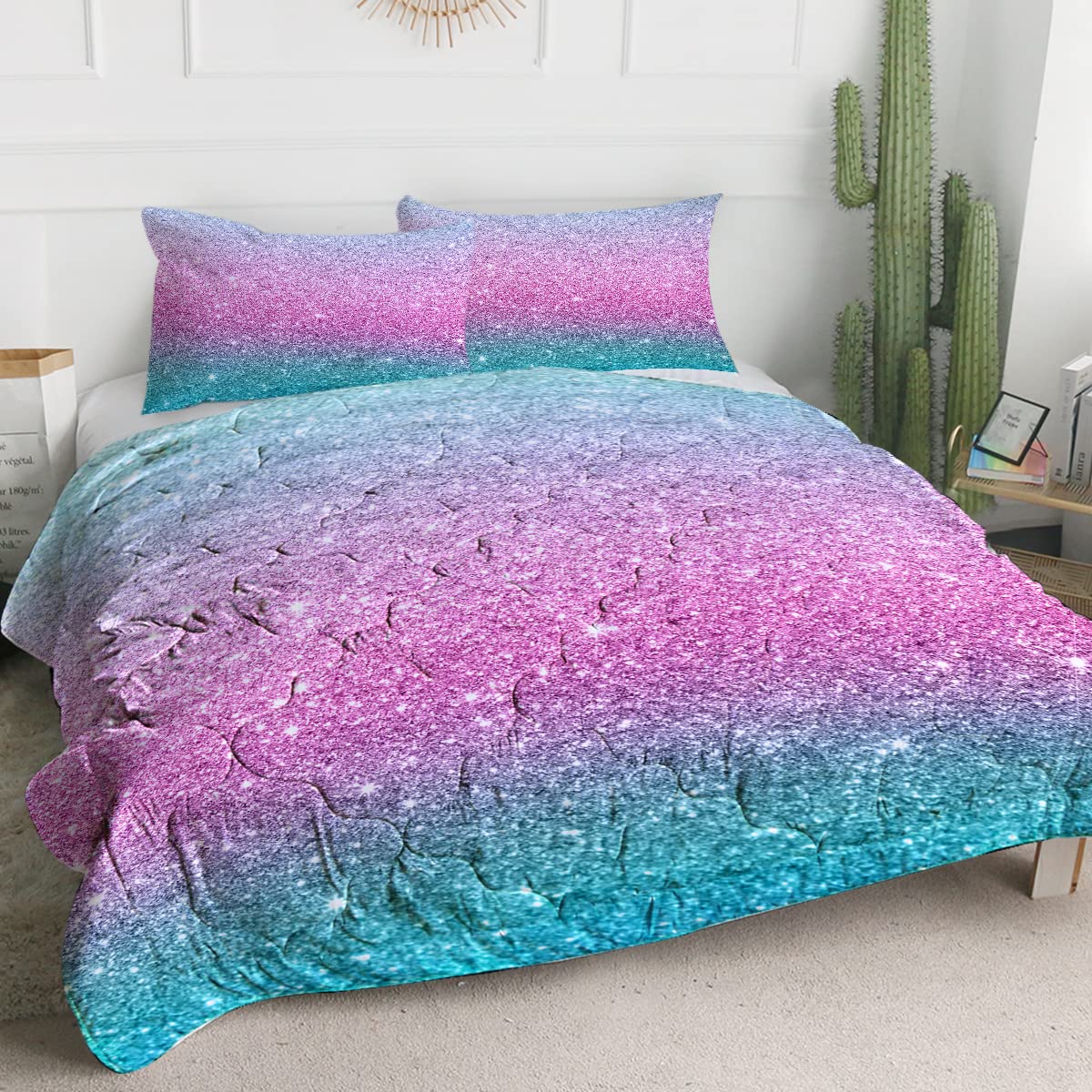 Pink Glitter Comforter Set for Girls - Queen Size Ombre Bedding with Abstract Pastel Design, 3 Piece Kids Bed Set | Soft & Cozy for Girls' Room, Teen Bedroom Decor, Birthday Gift Idea