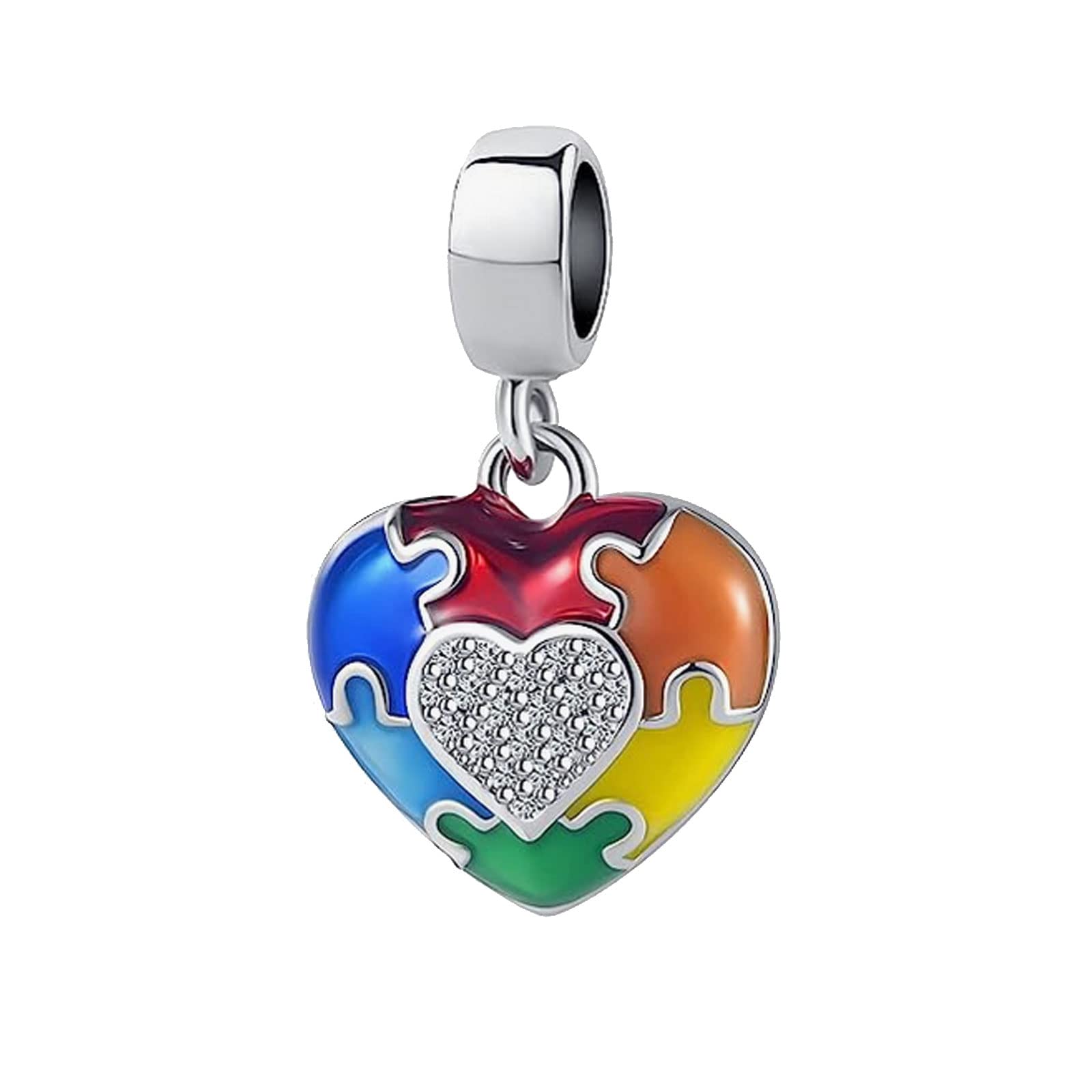 KunBead Autism Awareness Puzzle Heart 'I Love You' Dangle Charms - Compatible with Pandora Bracelets & Necklaces for Women | Jewelry Gift for Autism Support & Awareness Campaigns