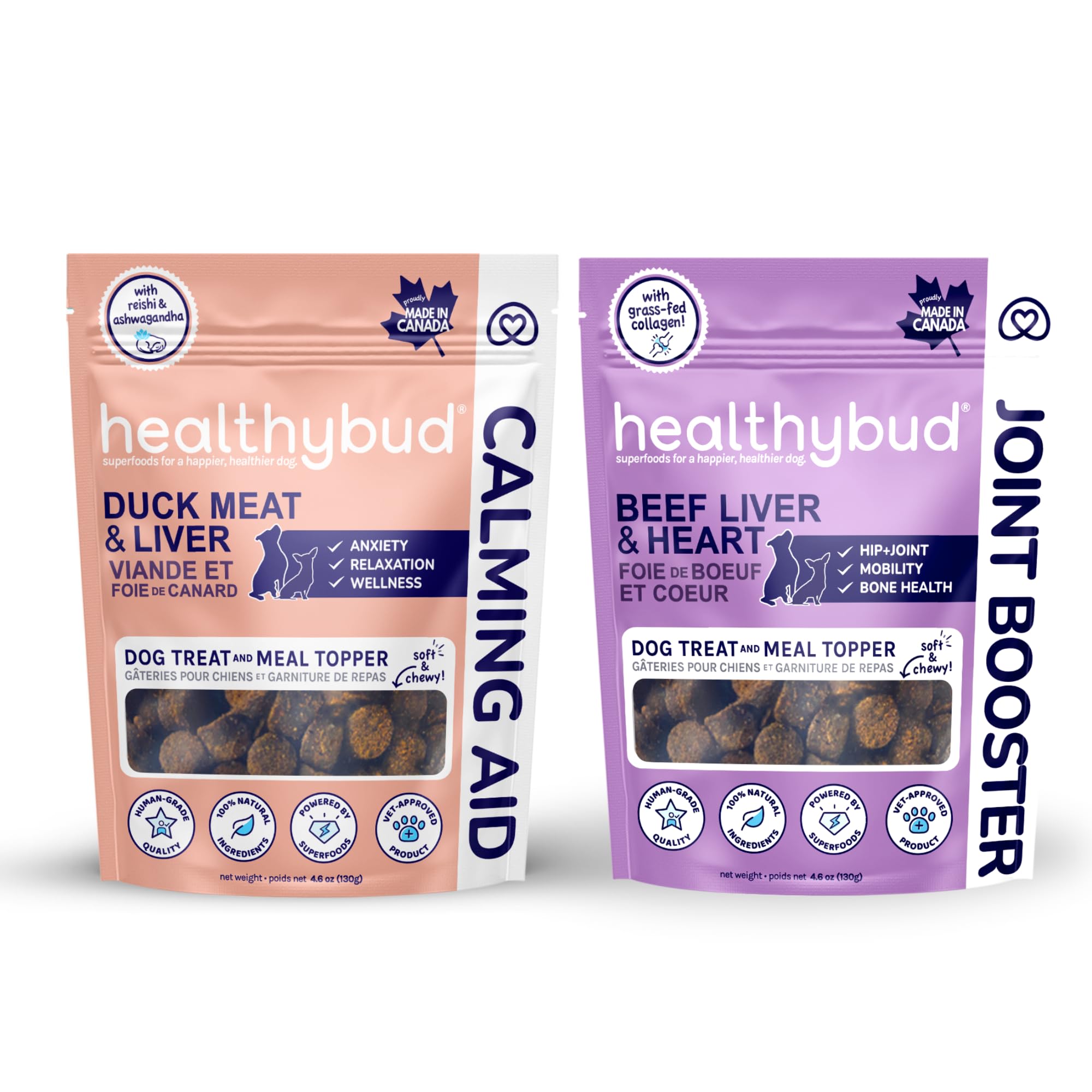HealthyBud Soft Chew Dog Treats & Food Toppers 4.6oz - Beef Joint Support & Duck Calming Aid - All-Natural Supplement for Dogs - Perfect for Training, Anxiety Relief & Joint Care