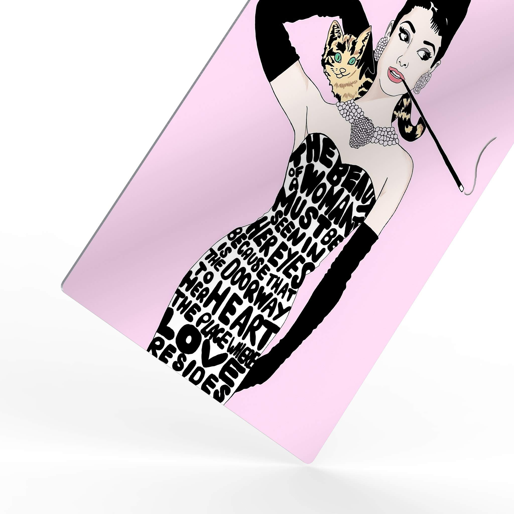 HB Art Design Audrey Hepburn Wall Art with Cat - Breakfast at Tiffany's Movie Inspired Digital Print on Metal - Pink Background Home Decor (24x16 Inches) - Perfect for Bedroom, Living Room & Office Wall Decor