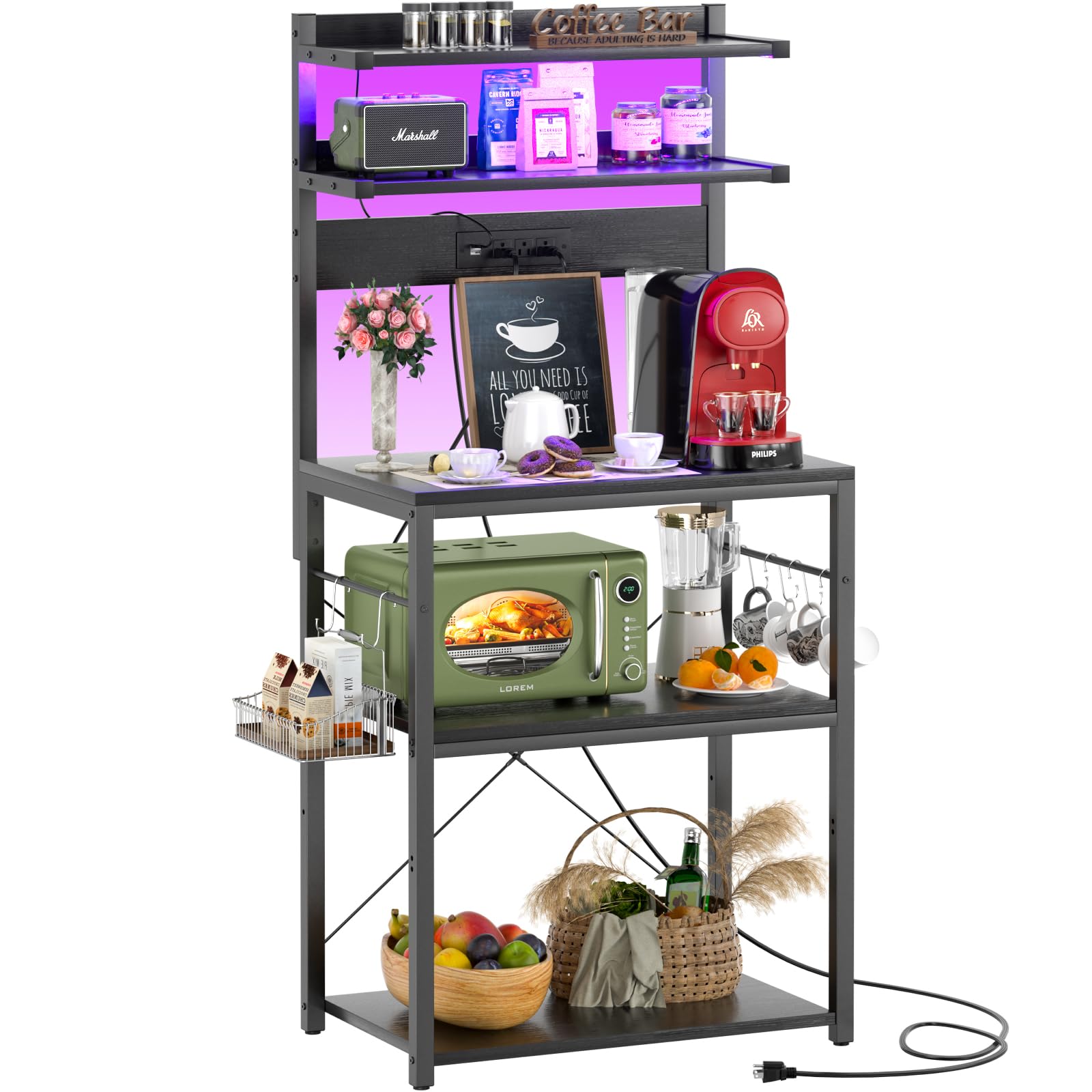 Aheaplus 5-Tier Bakers Rack with Power Outlet & LED Lights - Microwave Stand, Coffee Bar Station, Kitchen Storage Shelf with 6 S-Hooks - Organize Spices, Pots & Pans - Perfect for Small Kitchens, Dining Rooms & Coffee Bars (Black)