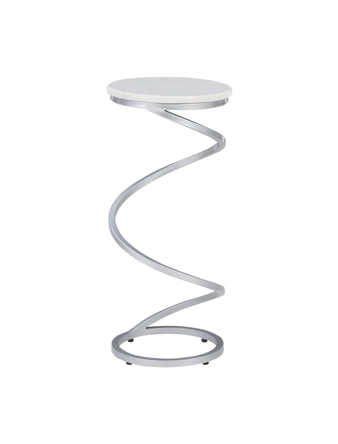 Powell Rian Spiral Drink Table with Silver White Marble Top - Modern Side Table for Living Room, Bedroom, or Patio - D1323A20WSB