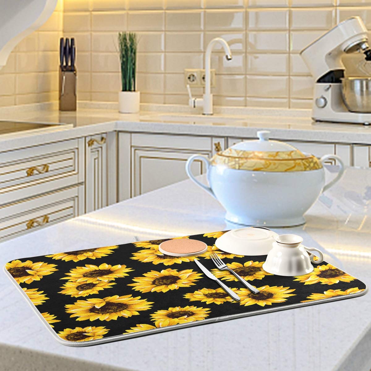 Sunflower Dish Drying Mat - Absorbent Microfiber Kitchen Pad (16x18