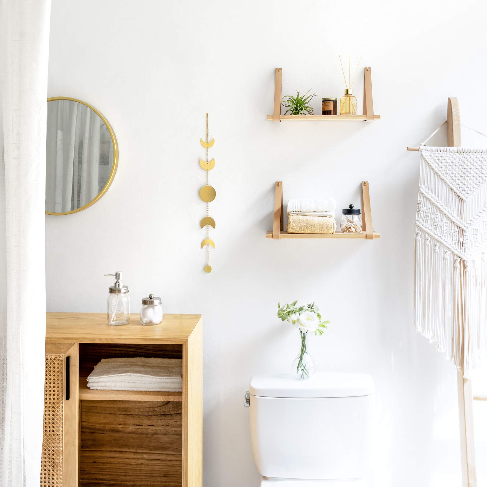**Mkono Floating Wall Shelf Set of 2 - Wooden Hanging Storage Shelves with Leather Straps for Nursery, Bedroom, Living Room & Bathroom - Perfect for Organizing Books, Decor & Essentials**