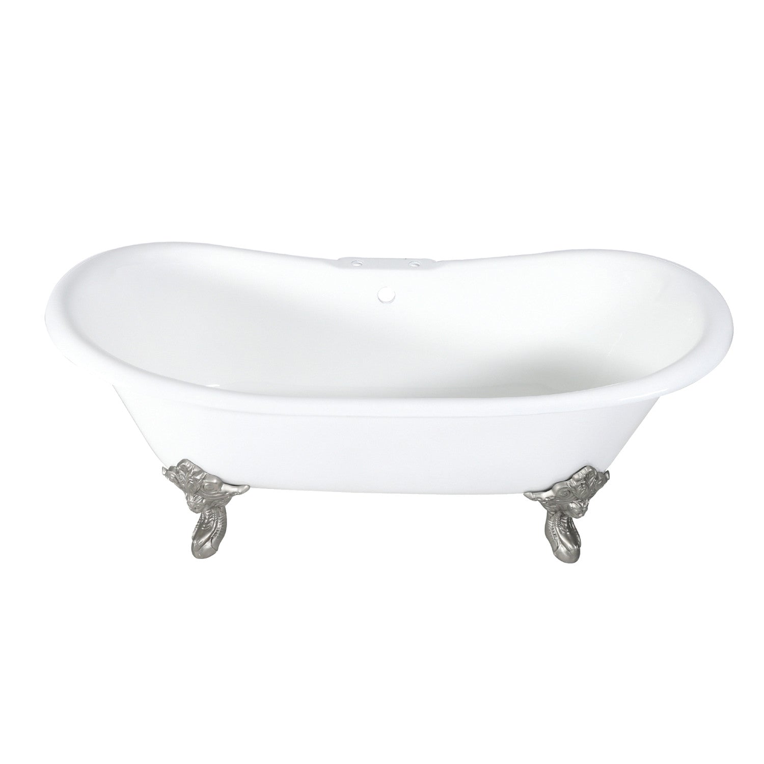 72 Inch White Cast Iron Clawfoot Bathtub with Brushed Nickel Faucet - Oval Double Slipper Design for Vintage Bathroom & Luxury Spa Retreat