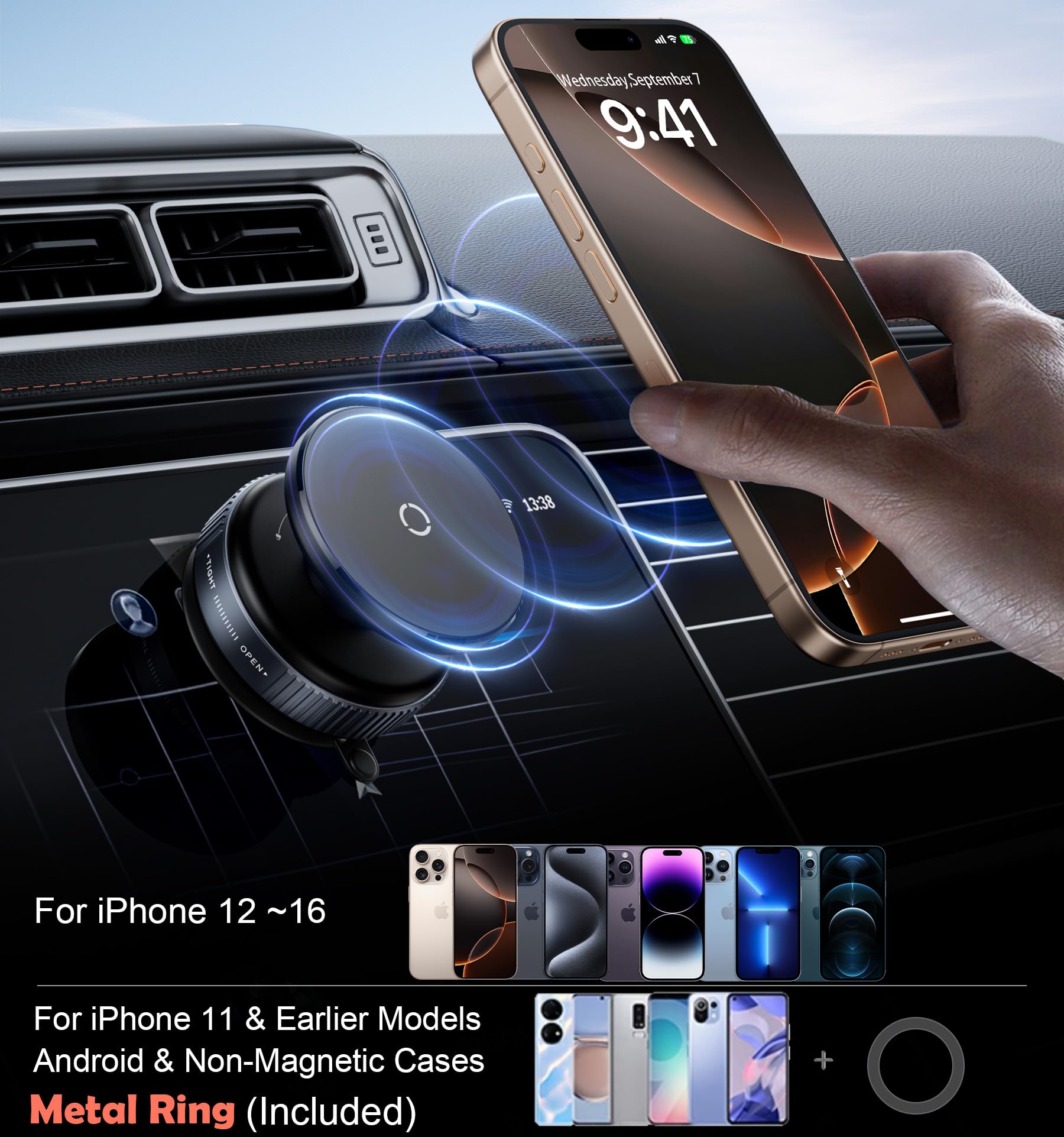 Ultra Strong Magnetic Car Phone Holder - Vacuum Suction Cup Phone Mount for iPhone 15 14 13 12 & Android - Secure Hands-Free Car Accessories (Black) - Perfect for Commuting, Road Trips & GPS Navigation