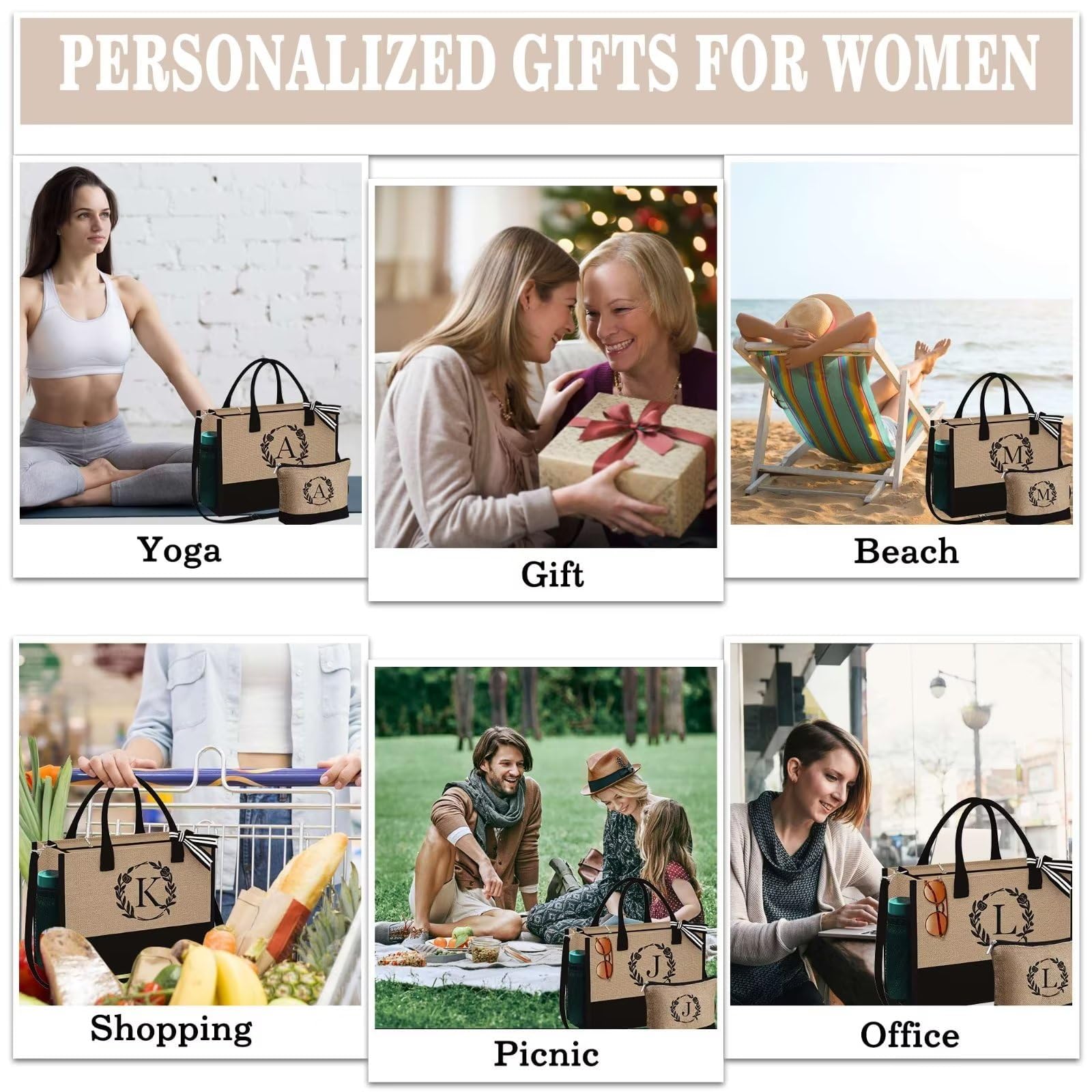 YOOLIFE Personalized Initial Jute Tote Bag & Makeup Bag Set - Best Birthday Gifts for Women, Wife, Mom, Teacher, Friend - Perfect for Shopping, Travel & Daily Use