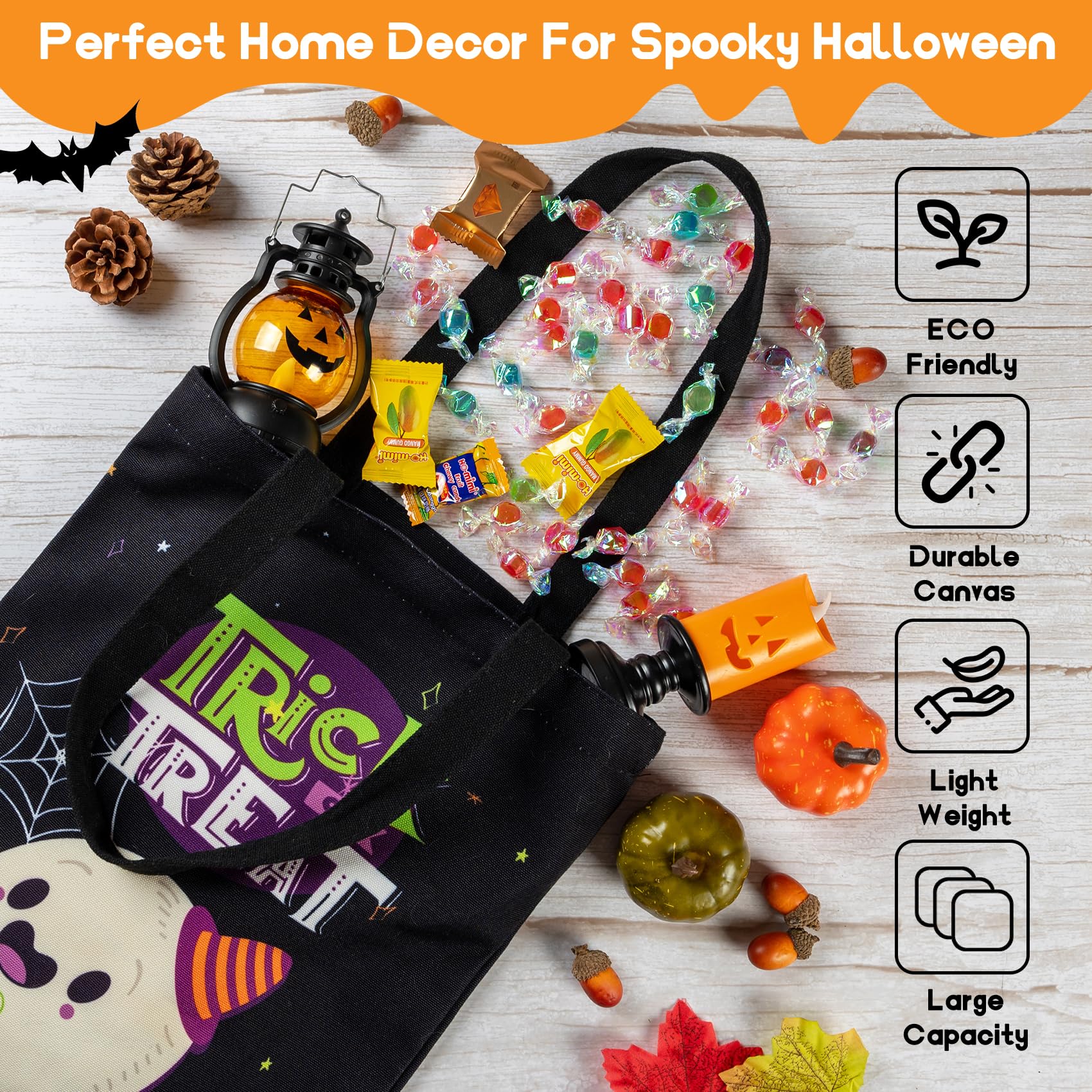 ATFUNSHOP Halloween Trick or Treat Bags - 15.7 Inch Large Reusable Ghost Canvas Tote Bucket for Kids - Perfect for Candy Collection, Halloween Parties & Festive Decorations
