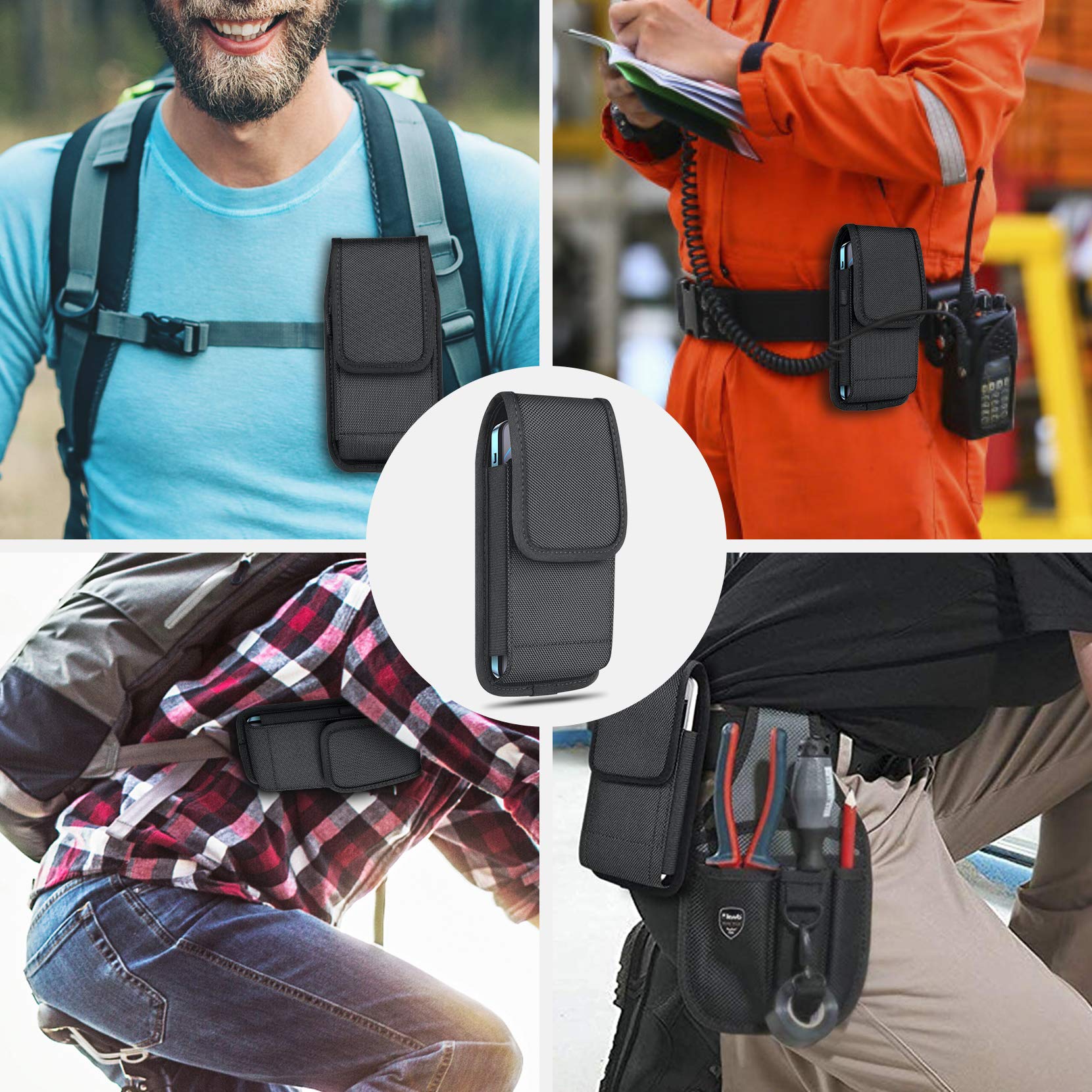YKOOE Nylon Belt Holster Phone Pouch - Compatible with iPhone 16/15/14/13/12/11 Pro Max & Samsung Galaxy S20/S21/S22/S23/S24 - Durable Waist Cell Phone Case for Hiking, Running, Construction & Outdoor Activities (Black)