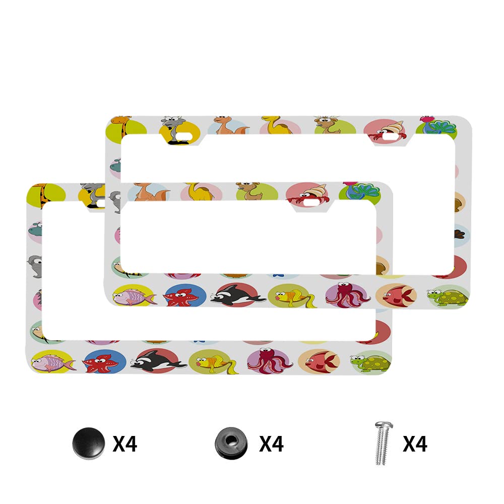 Cartoon Animals License Plate Frame - Marine & Terrestrial Wildlife Metal Car Tag Cover for Men & Women - Perfect for Cars, Trucks & SUVs to Showcase Personality