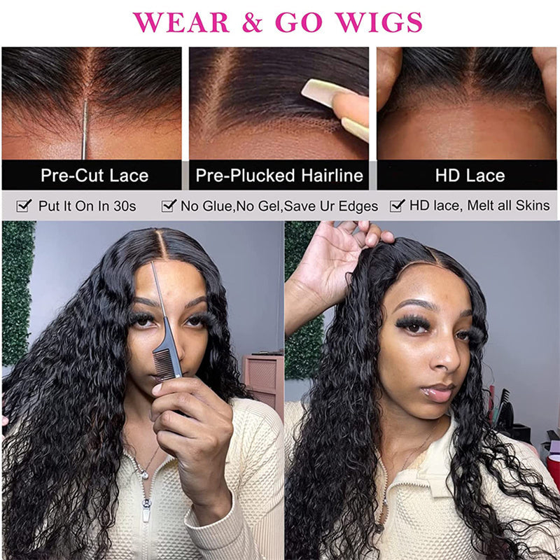 Eullair Wear Go Glueless Wig - Water Wave 6x4 5x5 HD Lace Closure Human Hair Wigs for Women | Pre-Cut Lace, Natural Hairline & Beginner Friendly | Perfect for Daily Wear, Parties & Special Occasions