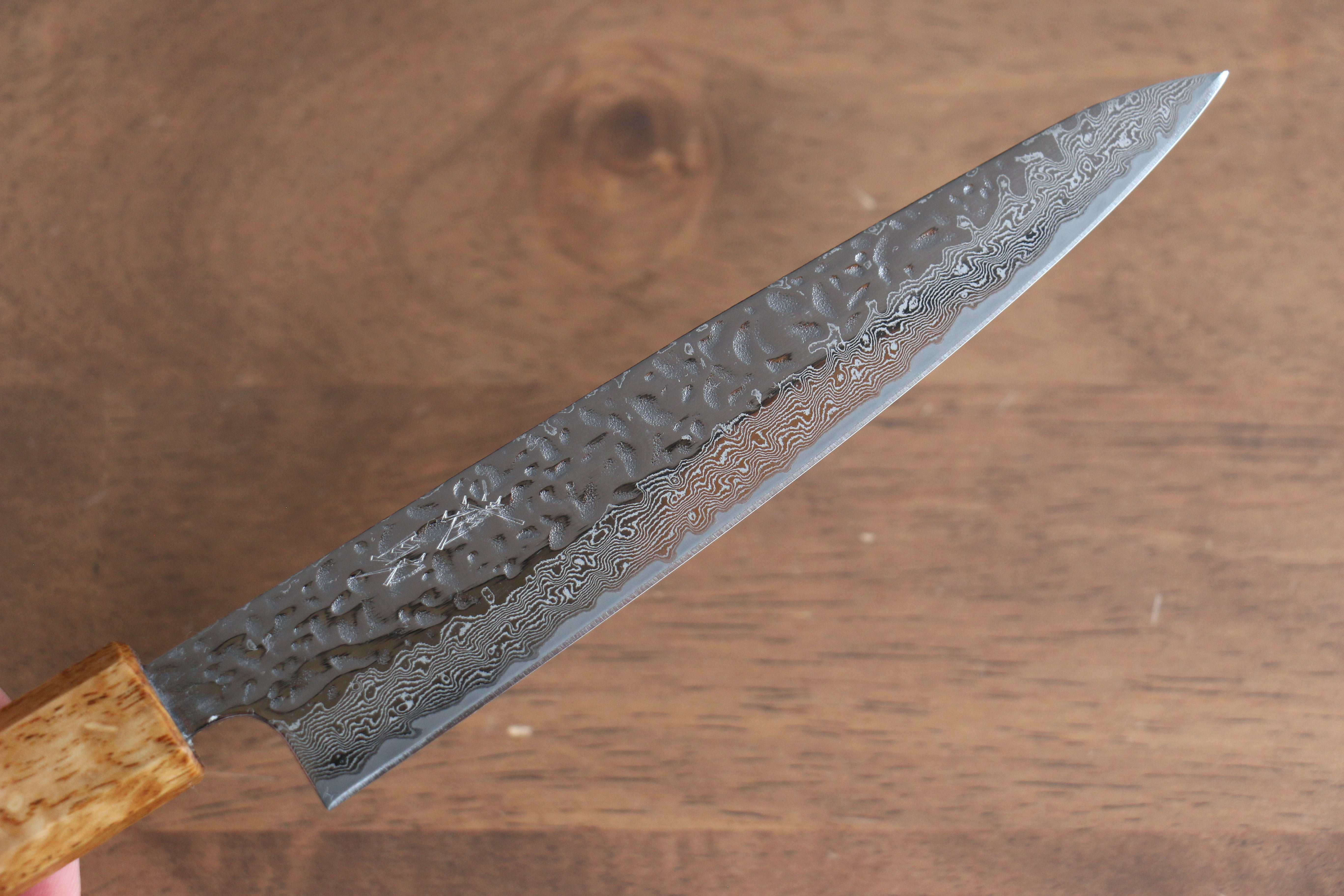 Seisuke Tsukikage AUS10 Hammered Damascus Petty Utility Knife 150mm - Oak Handle Japanese Chef Knife for Precision Slicing, Peeling & Garnishing