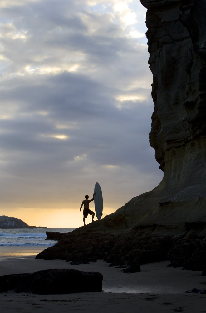 Surfer on Muriwai Beach New Zealand - Large 22x34 Inch Coastal Wall Art Print by Deddeda44 - Perfect for Beach House, Surf Shack & Ocean-Themed Decor