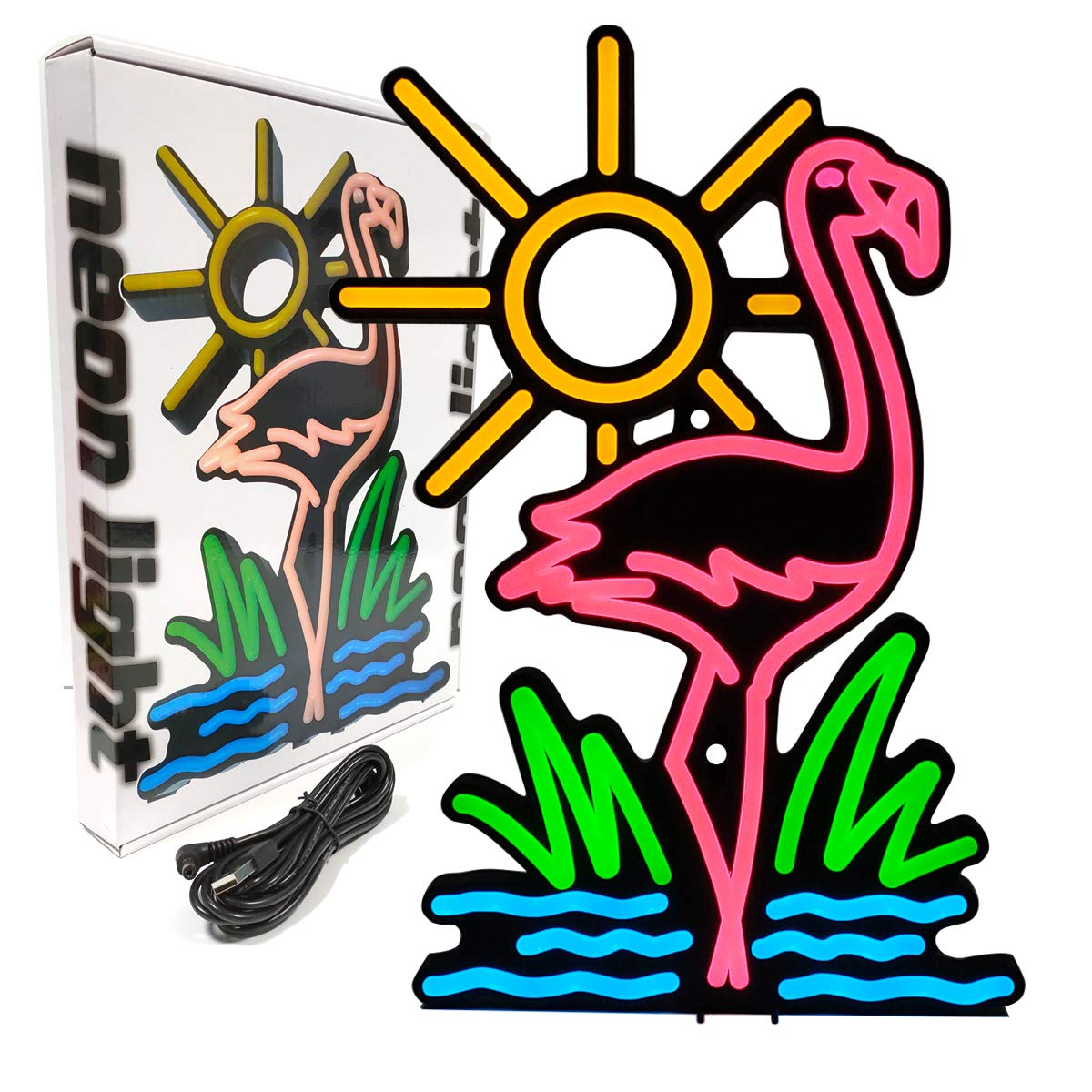 Sanyan Flamingo Sun Grass Waves LED Neon Light - USB Powered Art Deco Table Lamp & Wall Sign - Night Light for Home, Bedroom, Kids Room, Party Decor - 31x22cm - Perfect for Bedroom Ambiance, Teen Room Decor, and Themed Party Lighting