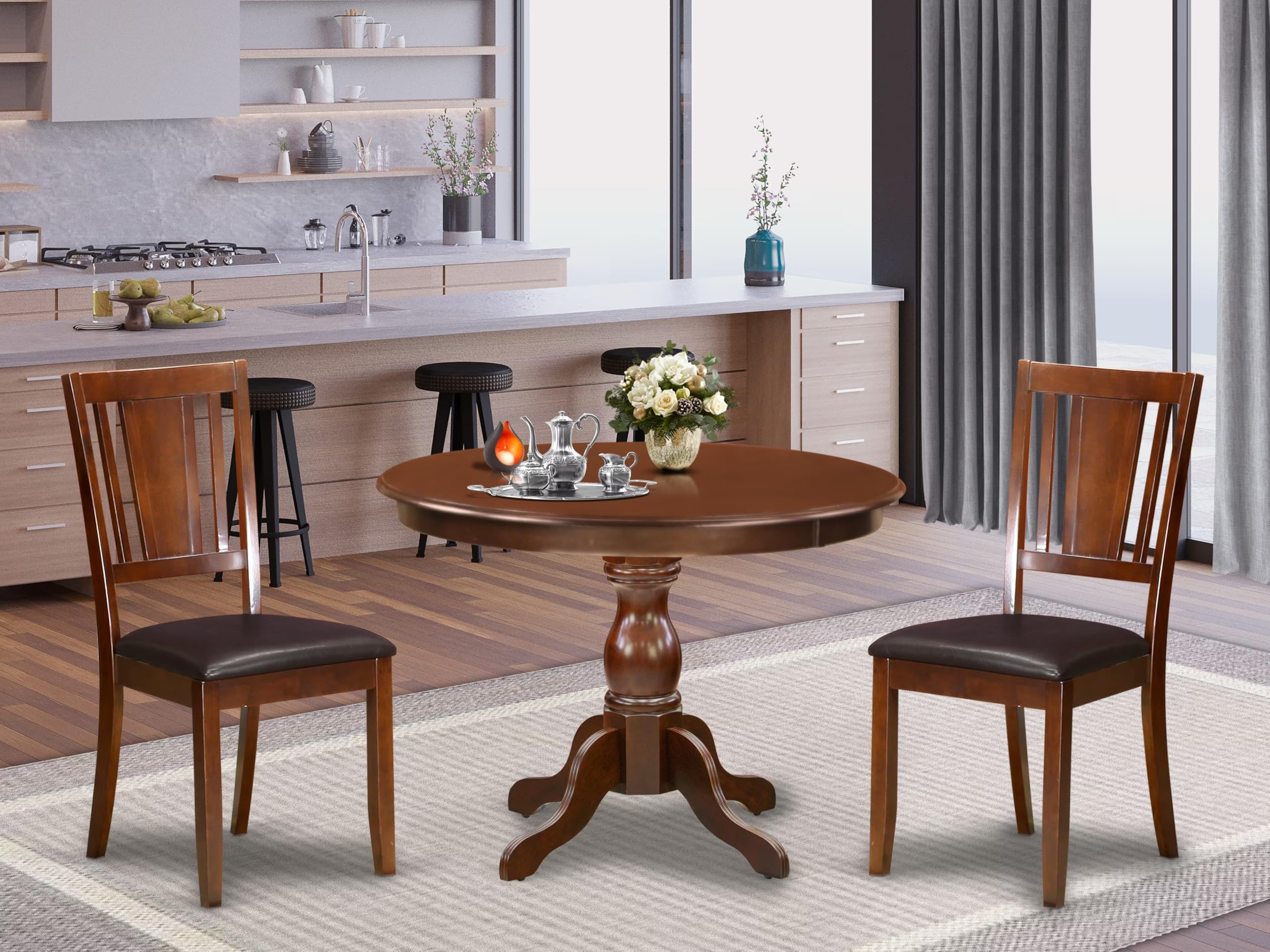 East West Furniture HBDU3-MAH-C 3-Piece Round Dining Set with Pedestal Table & 2 Upholstered Chairs, 42x42 Inch, Mahogany - Perfect for Small Kitchens, Breakfast Nooks and Cozy Dining Spaces