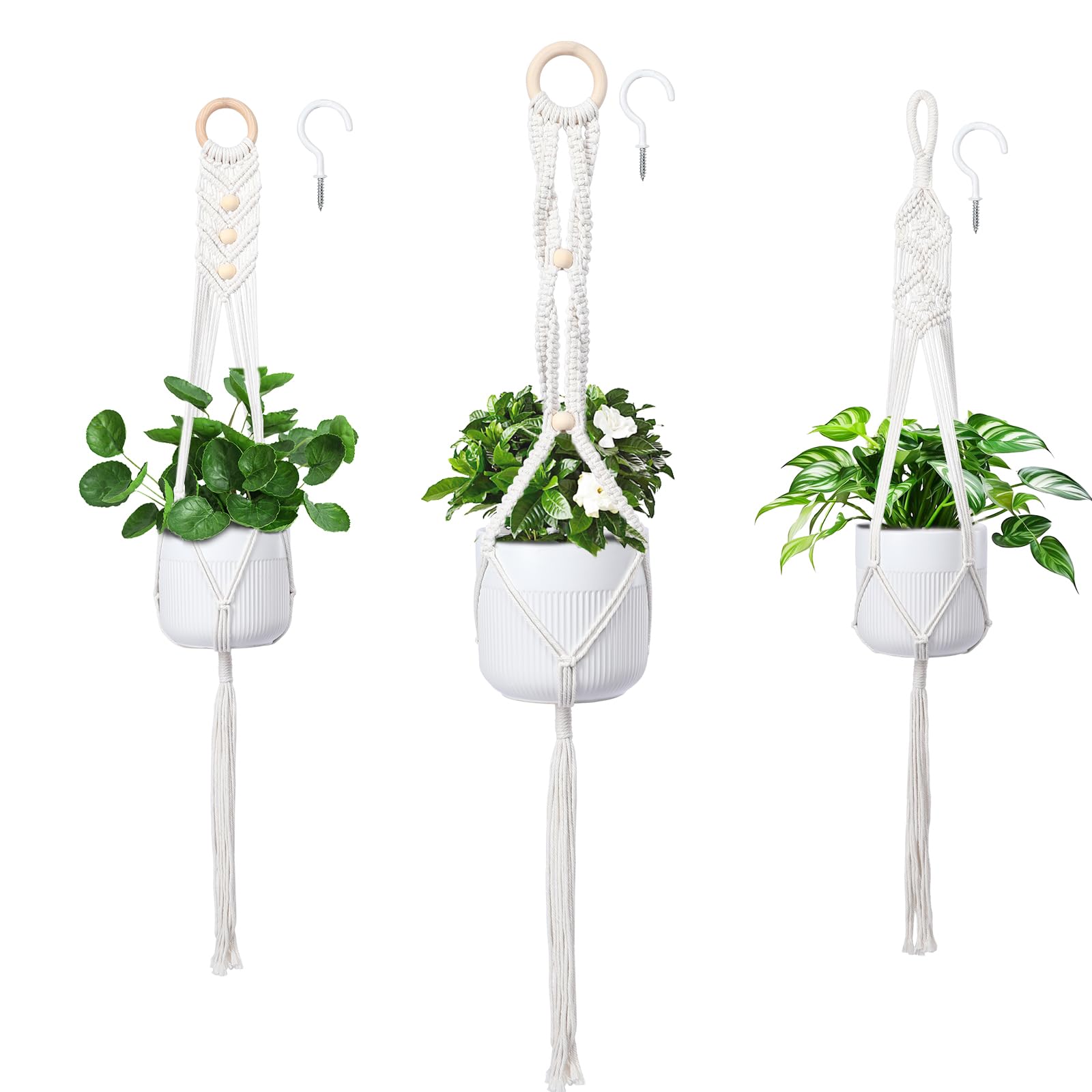 3-Pack Macrame Plant Hangers for Indoor & Outdoor Plants - Bohemian Style Wall Hanging Planter with Wood Bead Decor - Perfect for Home, Office, Balcony & Garden Decor (Pots Not Included)