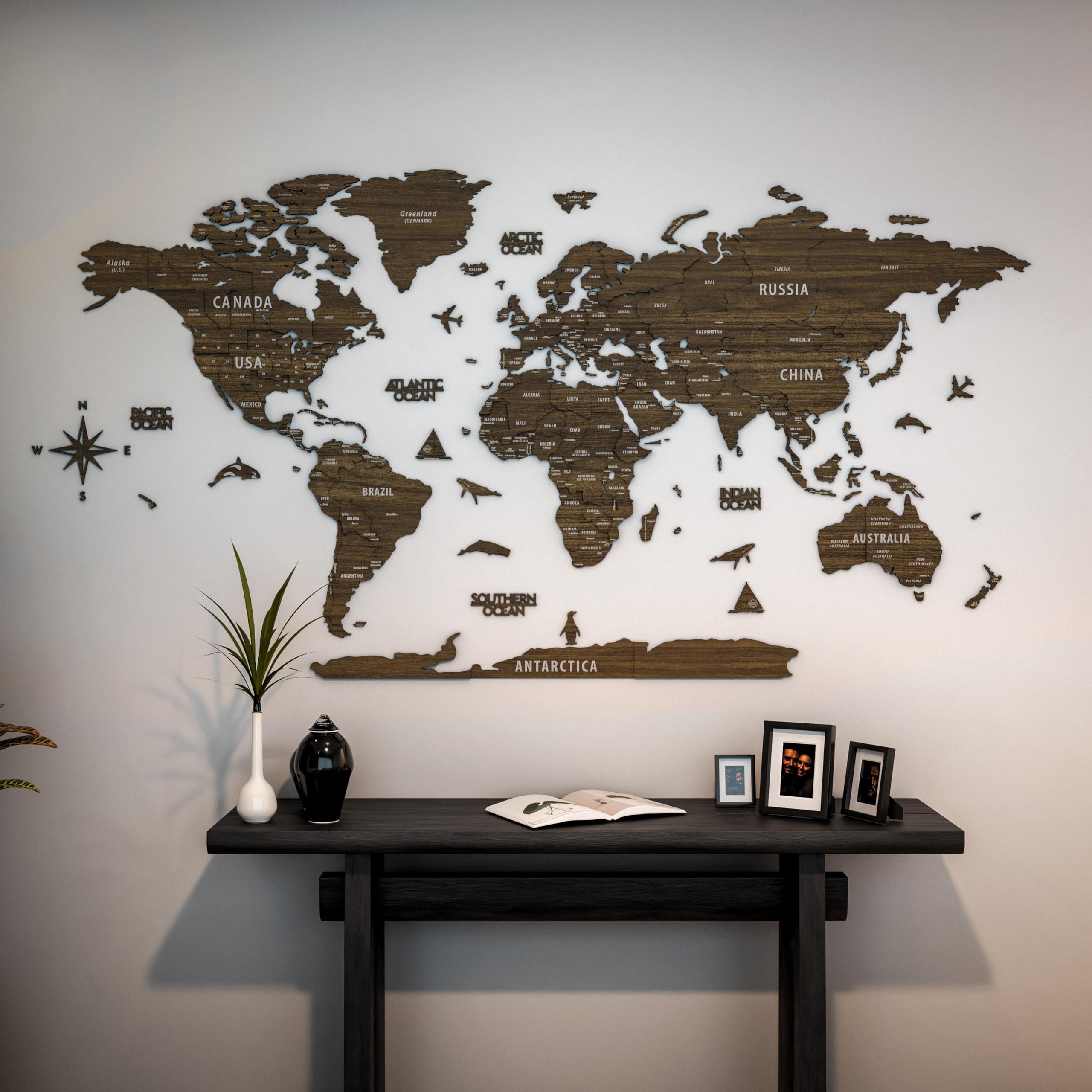 3D Wooden World Map Wall Art - Multilayered Travel Map with States & Capitals - Home Office Decor for Living Room, Bedroom - Perfect Gift for Travelers, Men, Birthday Present - Housewarming & Wedding Decor Idea