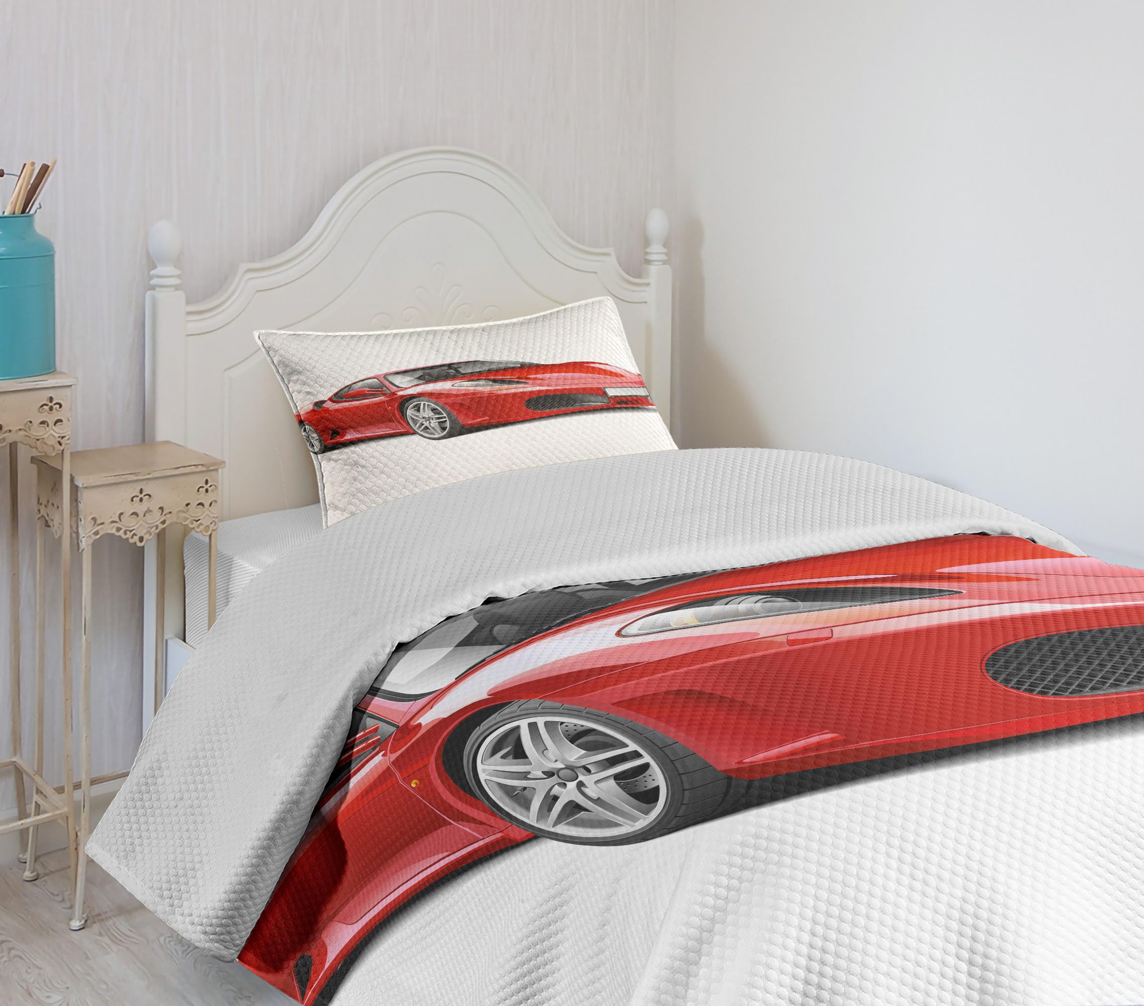 Ambesonne Modern Twin Size Bedspread Set - Italian Style Sports Car Illustration on Plain Backdrop, 3-Piece Decorative Bedding Coverlet with 2 Pillow Shams, Charcoal Grey & Red | Perfect for Car Enthusiasts' Bedrooms, Teen Boys' Room Decor, and Automotive-Themed Home Styling