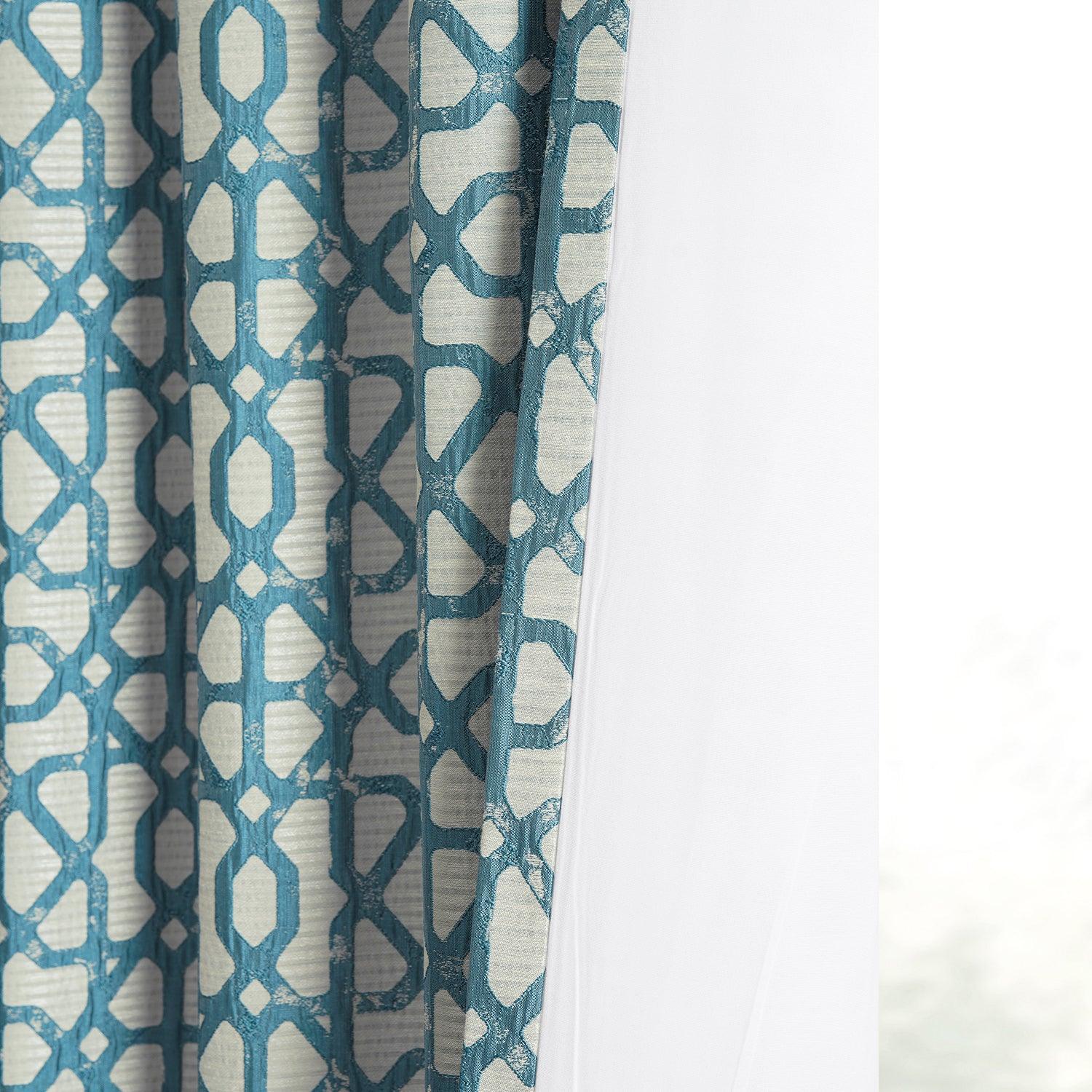 Metro Teal Blue Geometric Faux Silk Jacquard Blackout Curtains for Living Room & Bedroom - Elegant Window Treatment for Light Control & Privacy