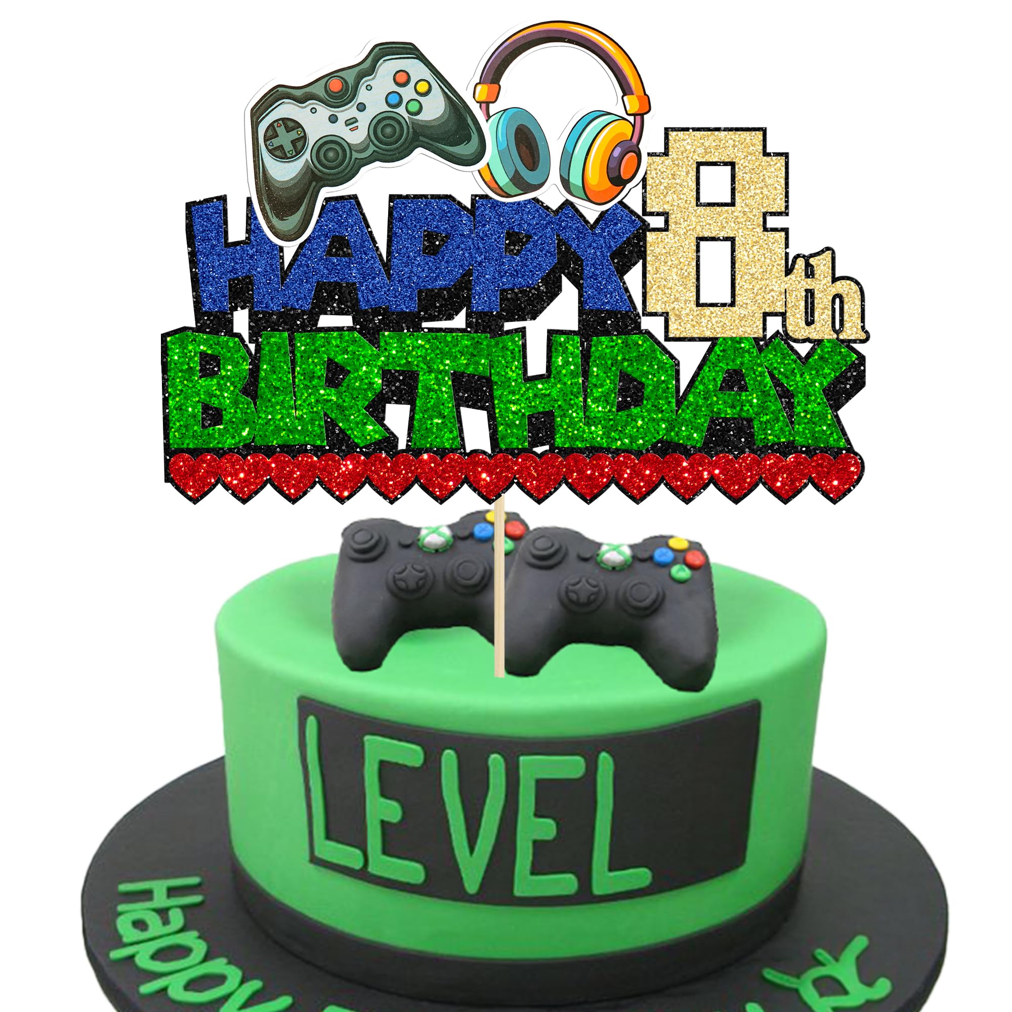 Ephlyn 1Pcs Glitter Video Game Birthday Cake Topper - 'Game On' Controllers & 'Eight Cheers to 8 Years' Decoration for 8th Birthday Party Supplies | Perfect for Gaming Themed Cakes and Kids Birthday Celebrations